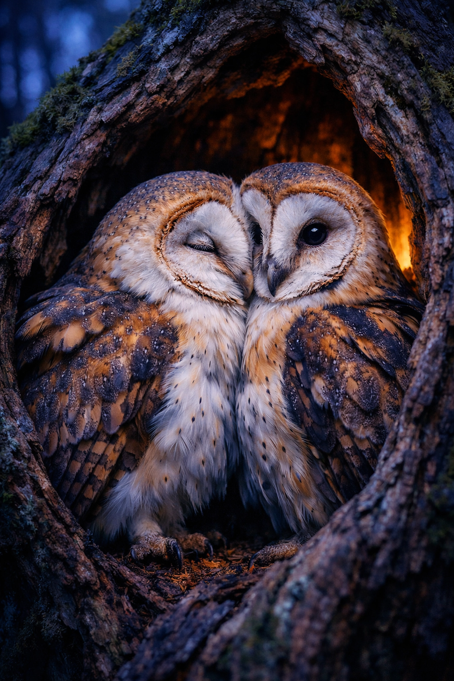 Two female owls nesting together in a moonlit tree hollow, demonstrating natural same-sex pairing.