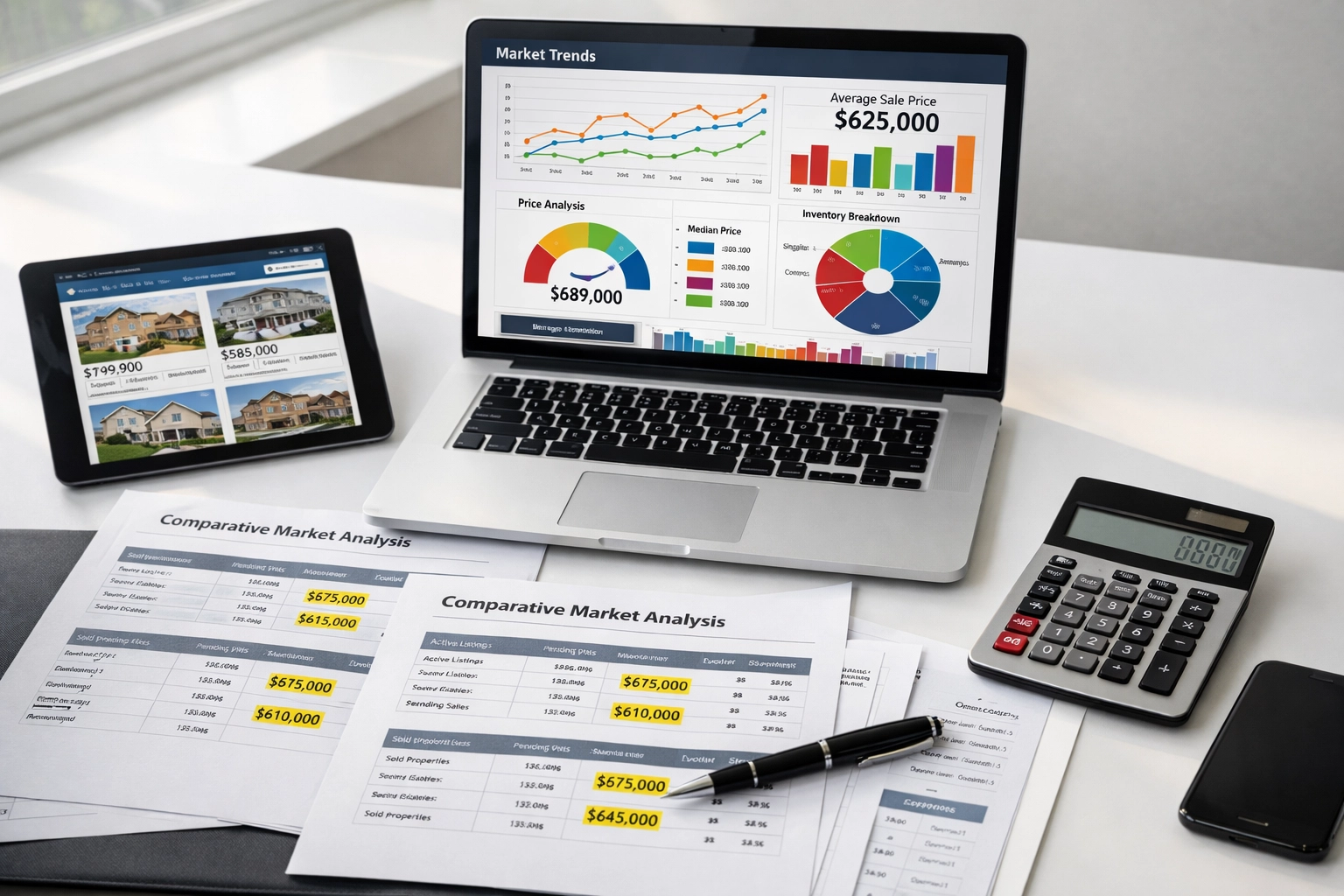 Real estate pricing analysis workspace with market data and analytics reports