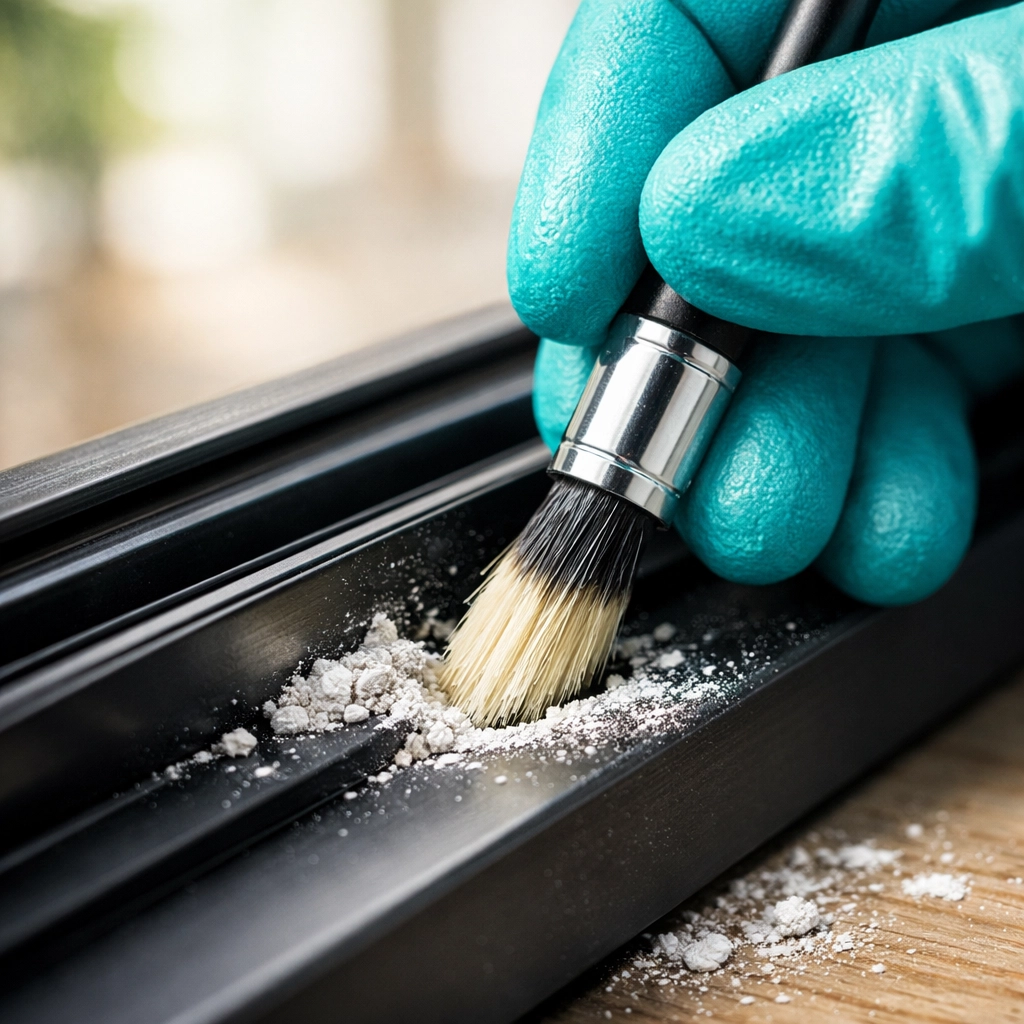 Professional cleaner in Norwich removing construction dust from a window track with a detailing brush.