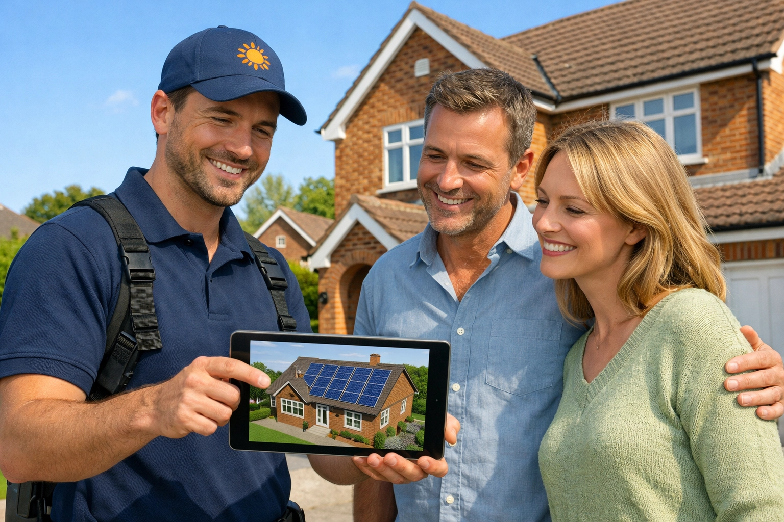 A Bournemouth solar installer showing a custom 3D roof design to homeowners on their driveway.