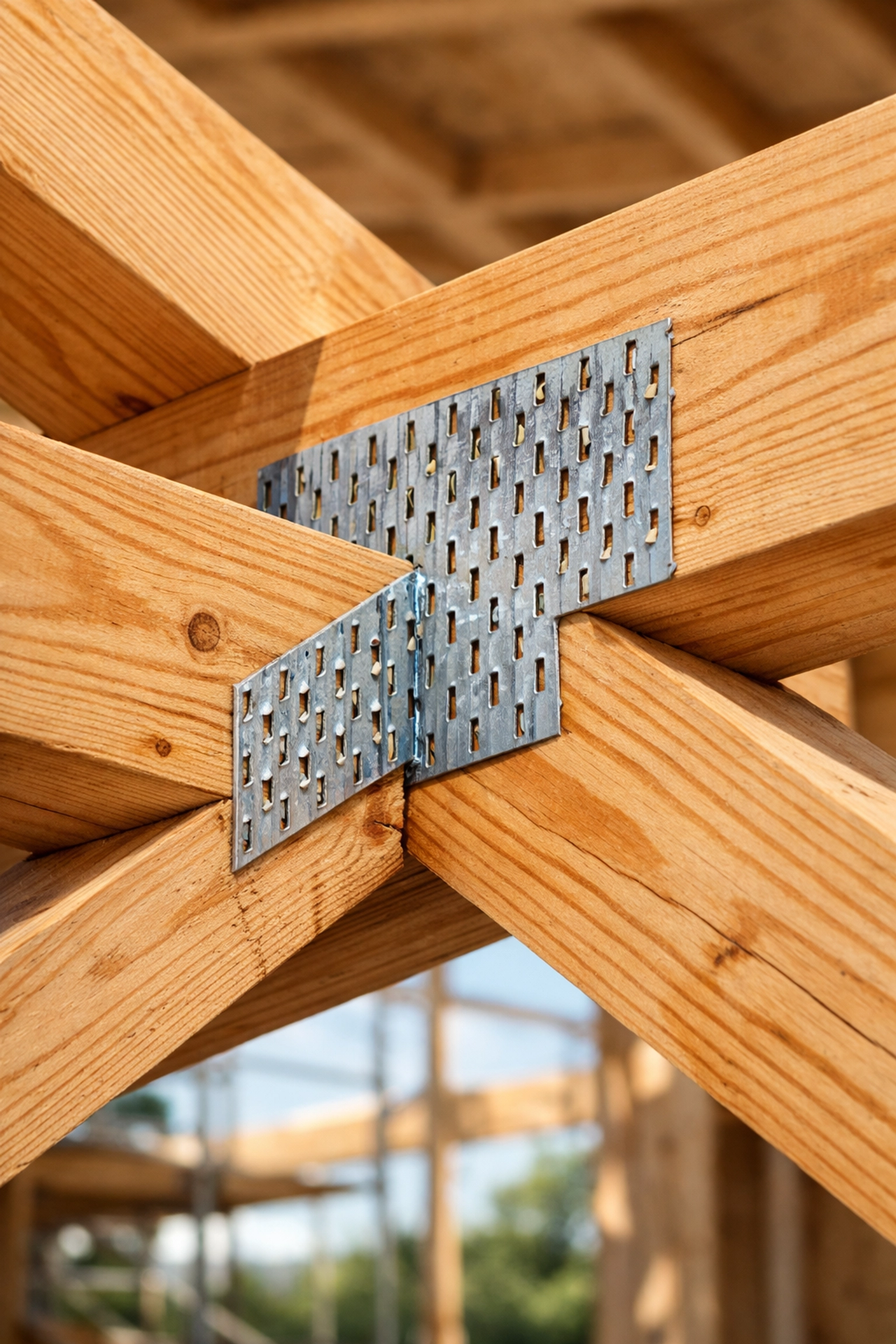 Close-up of a precision-engineered wooden roof truss joint with a metal connector plate.