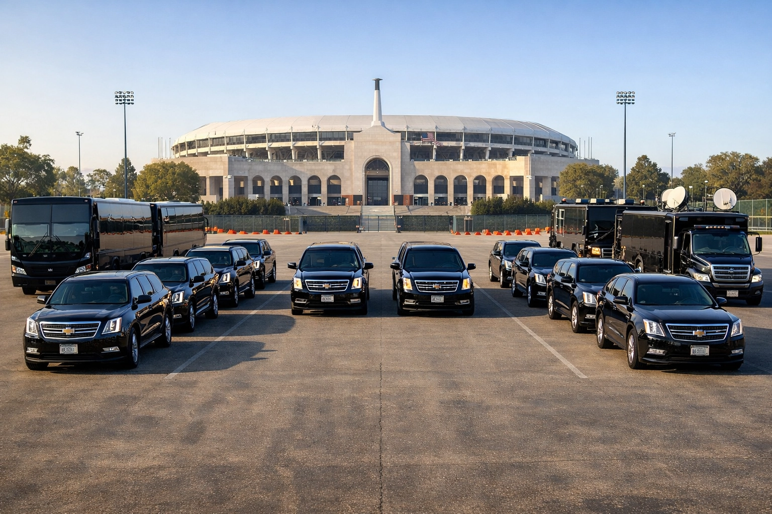 An organized fleet of luxury transport vehicles and logistical trucks for Super Bowl corporate events.