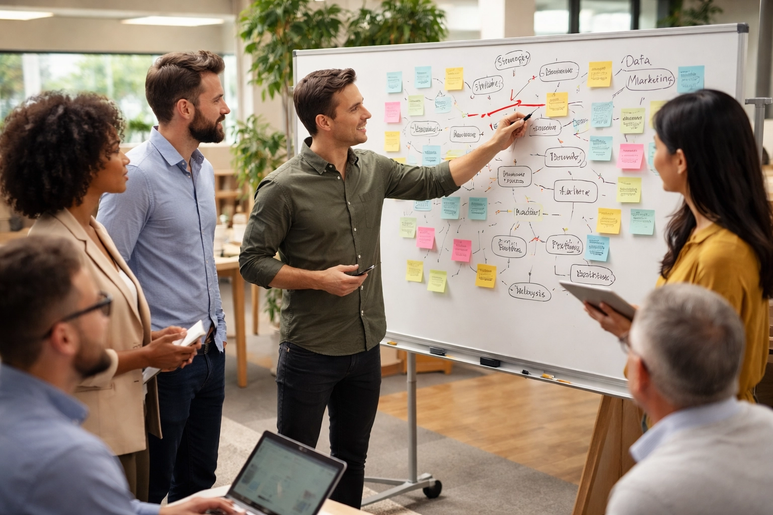 Business professionals collaborating on data strategy during a corporate workshop to optimize analytics