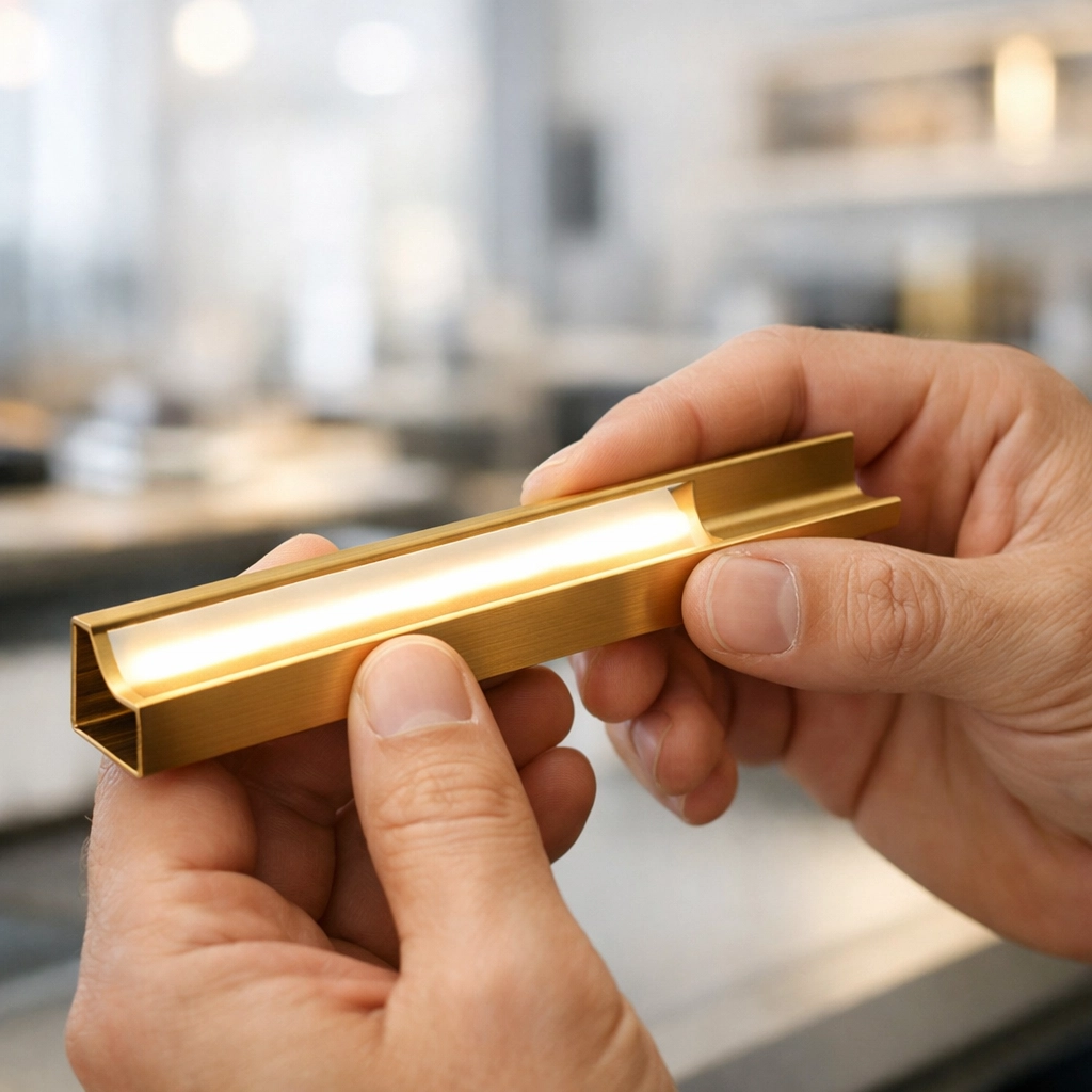 Precision-cut gold aluminum LED channel crafted by hand in Canada for professional kitchen lighting projects.