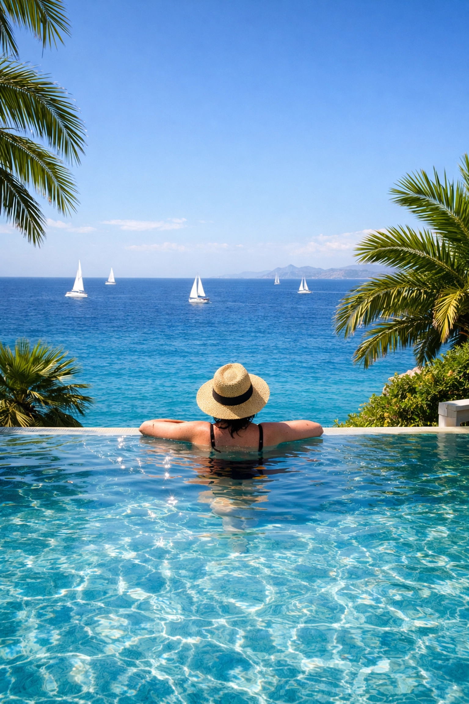 A traveler in a Mediterranean infinity pool, representing the quality of life saved by expert travel planning.