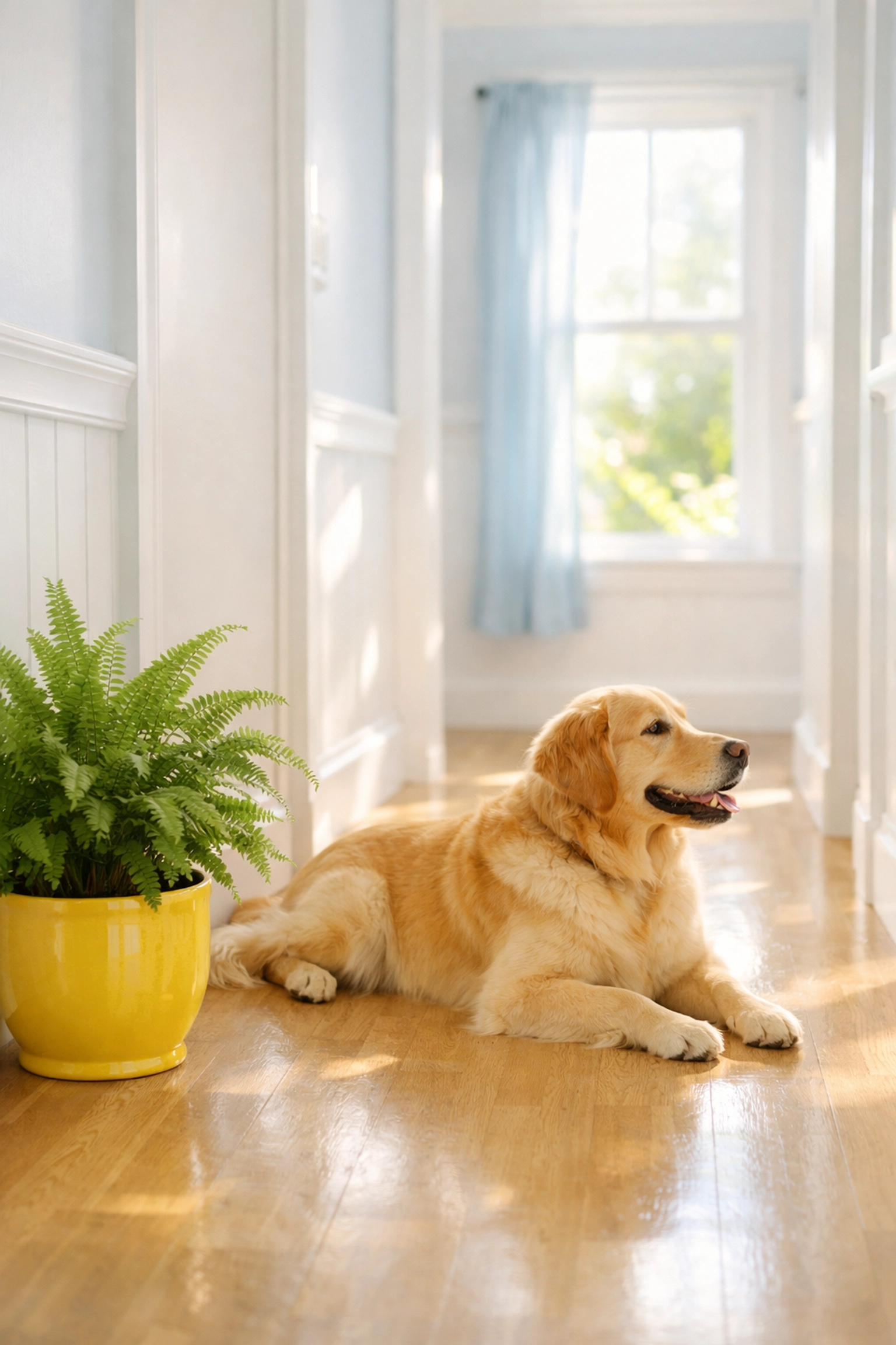 A happy dog on clean hardwood floors, showing the safety of pet-friendly, green house cleaning services.