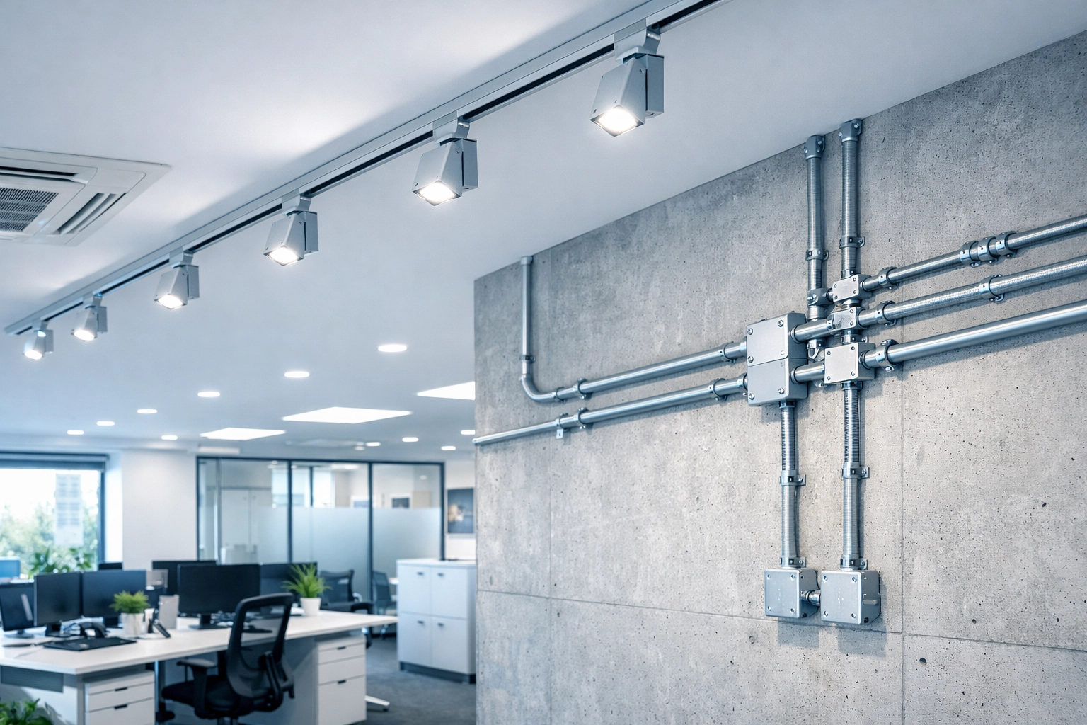 Professional commercial electrical installation featuring modern LED track lighting in a Ferndown office.