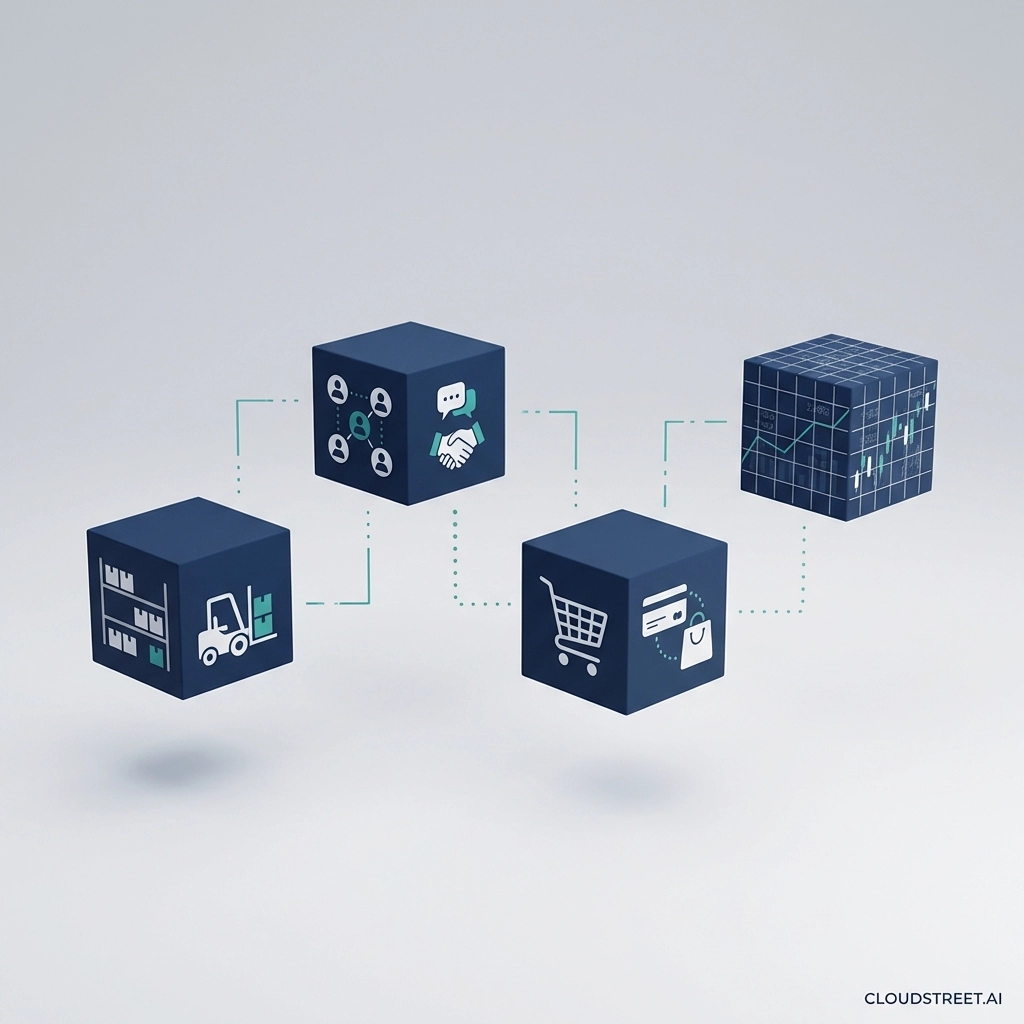 Four isolated data cubes representing ERP, CRM, commerce, and spreadsheets showing B2B data silos in Salesforce integration