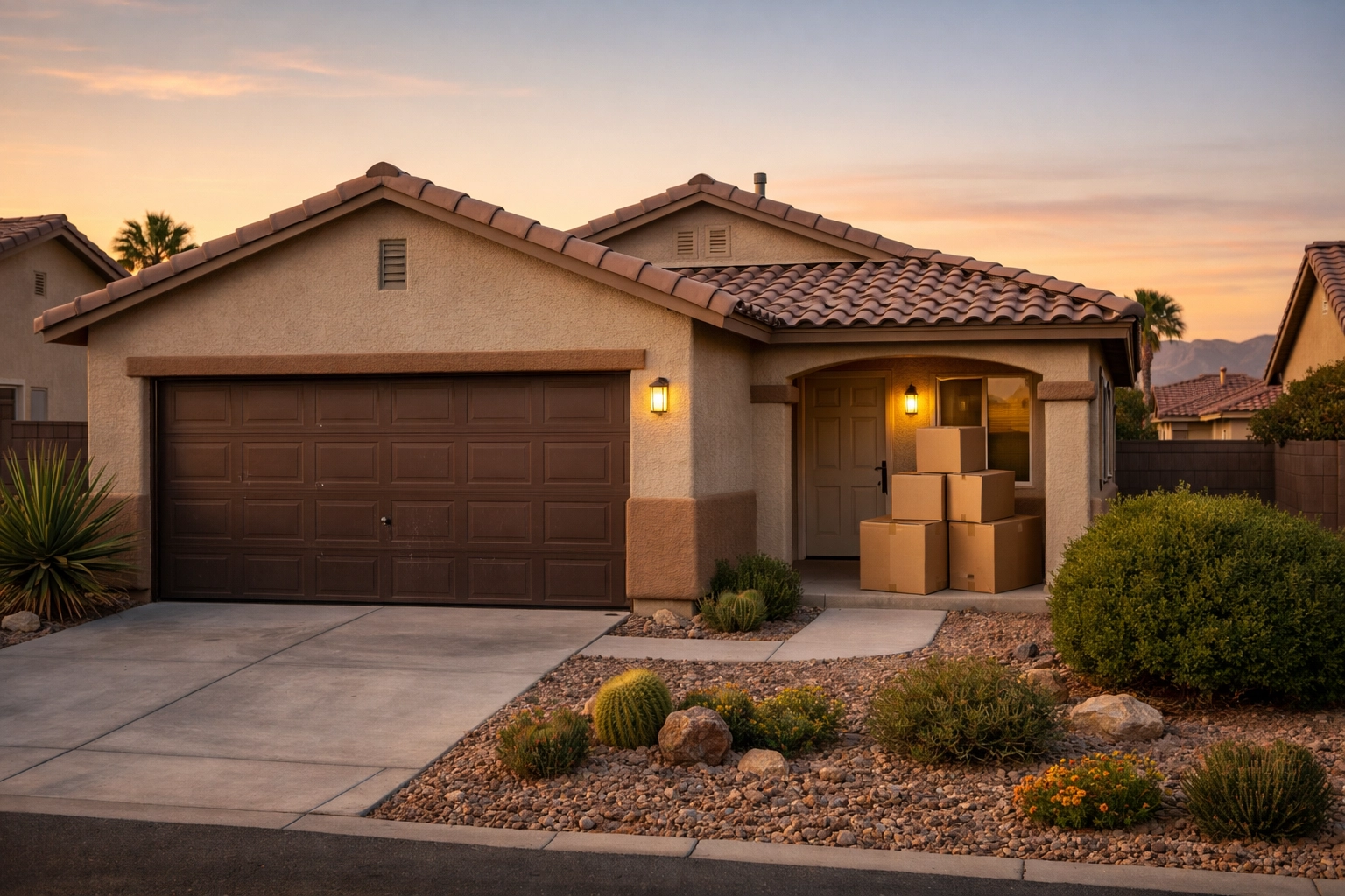 Inherited Las Vegas home with moving boxes on porch during probate transition in Henderson neighborhood