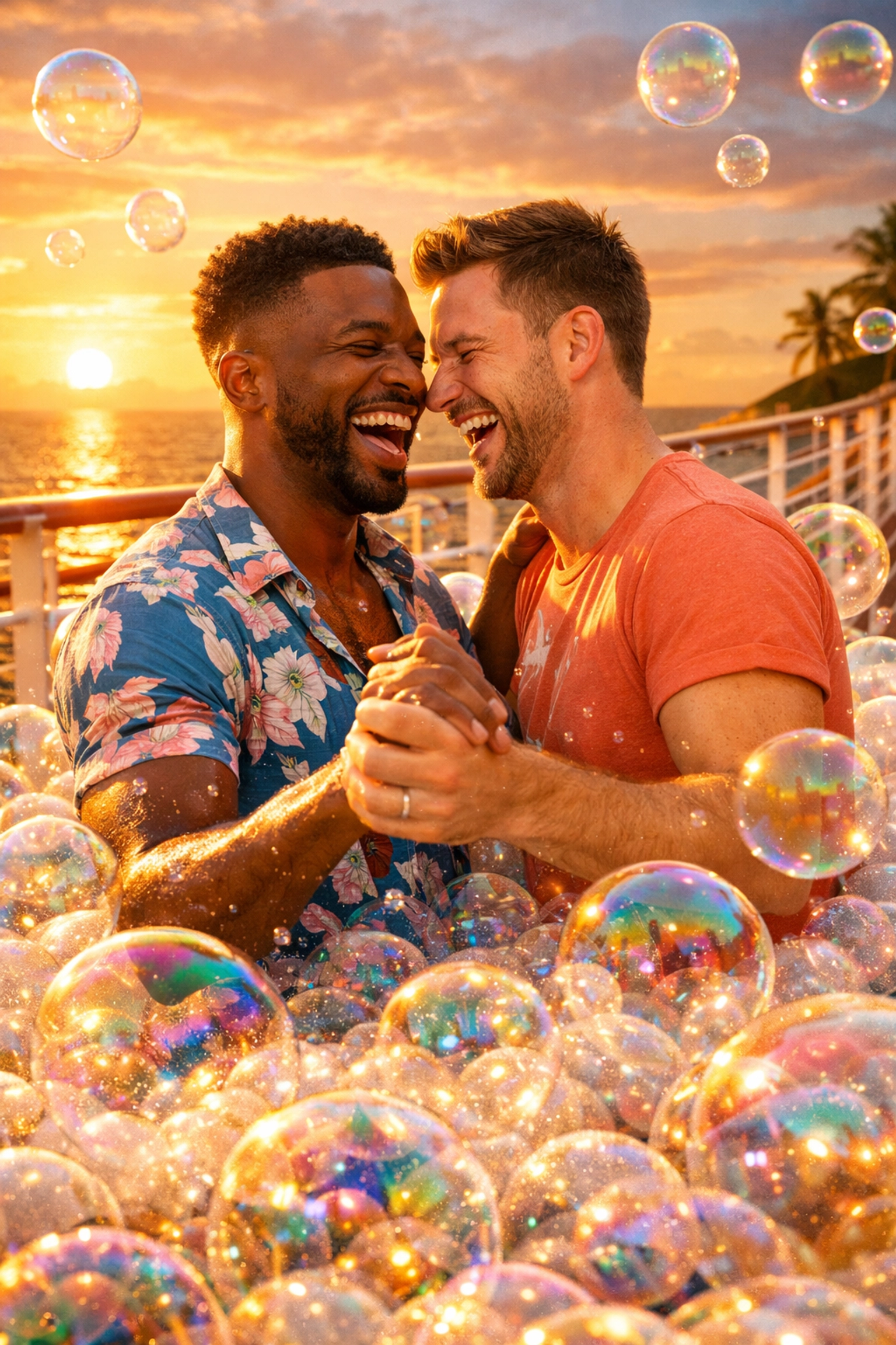 Two men dancing joyfully in soap bubbles during LGBTQ+ cruise sunset foam party