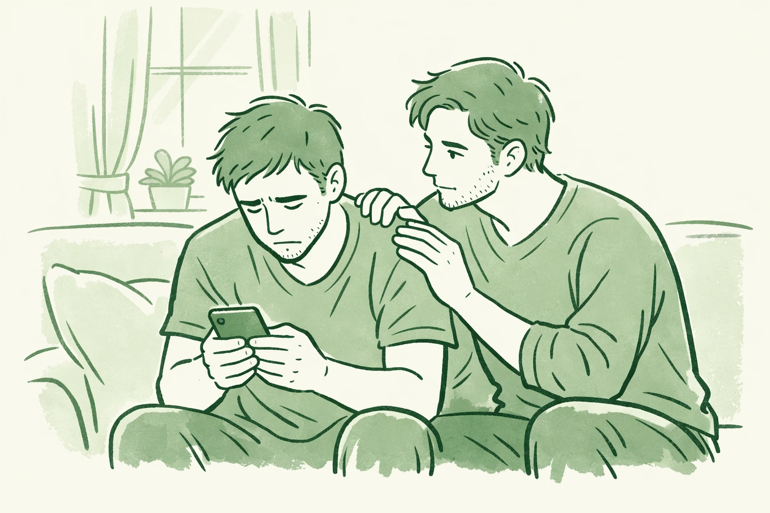 Gay couple on couch - partner offers emotional support during online harassment in MM contemporary fiction