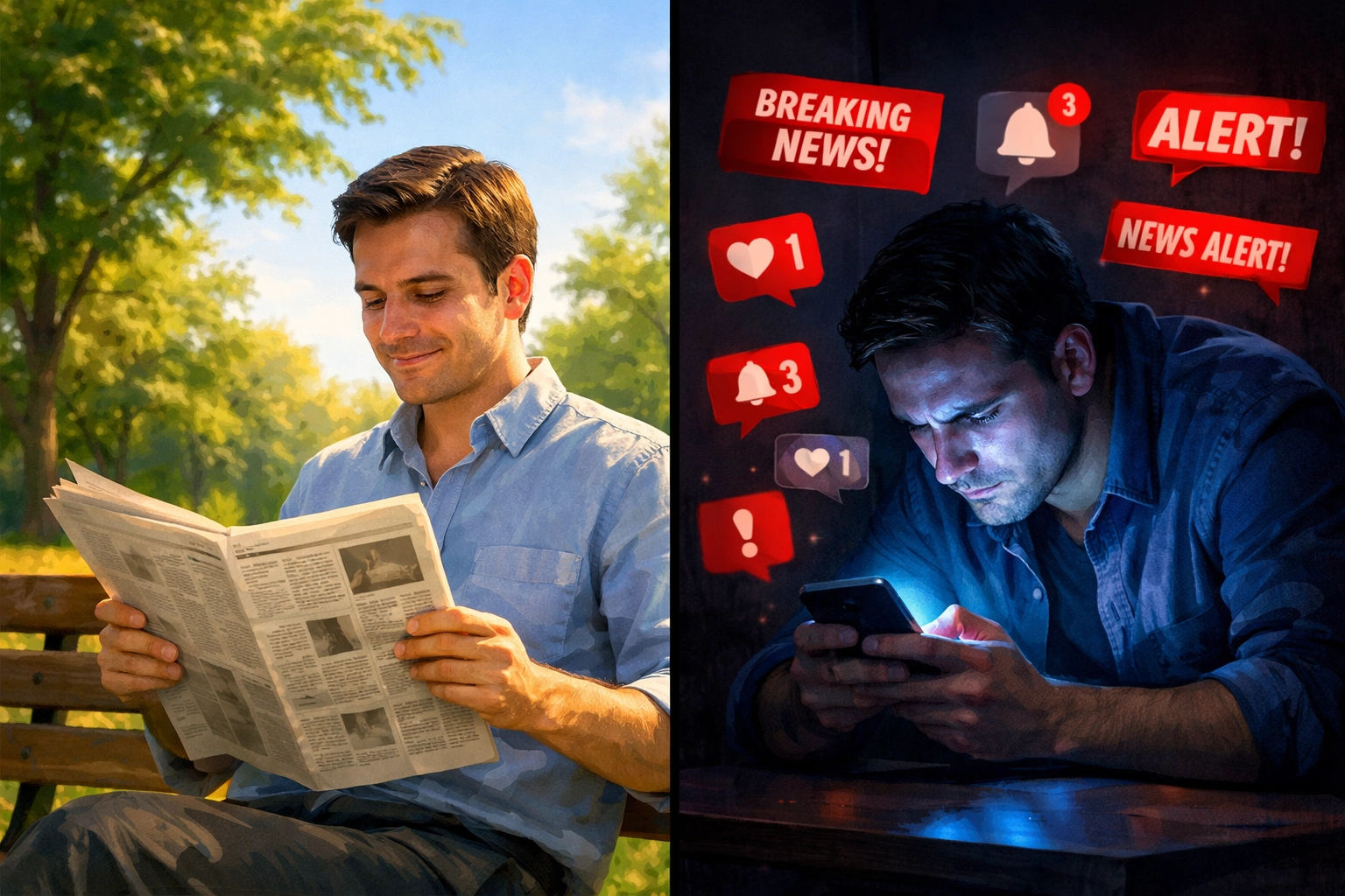Contrast between peaceful newspaper reading and anxious smartphone news scrolling