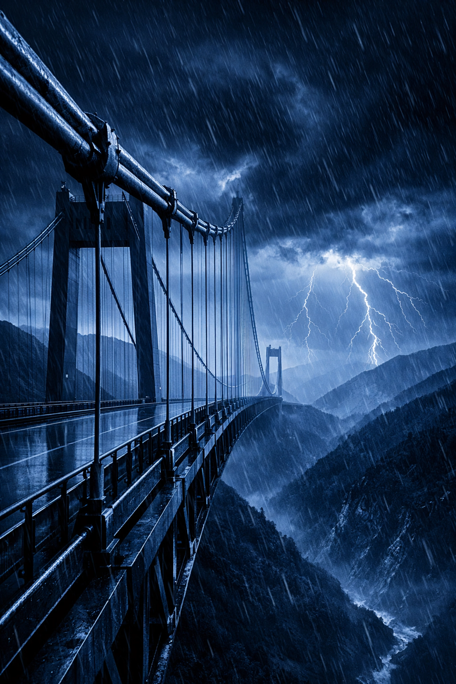 A strong suspension bridge withstanding a storm, representing cyber resilience and business strength.