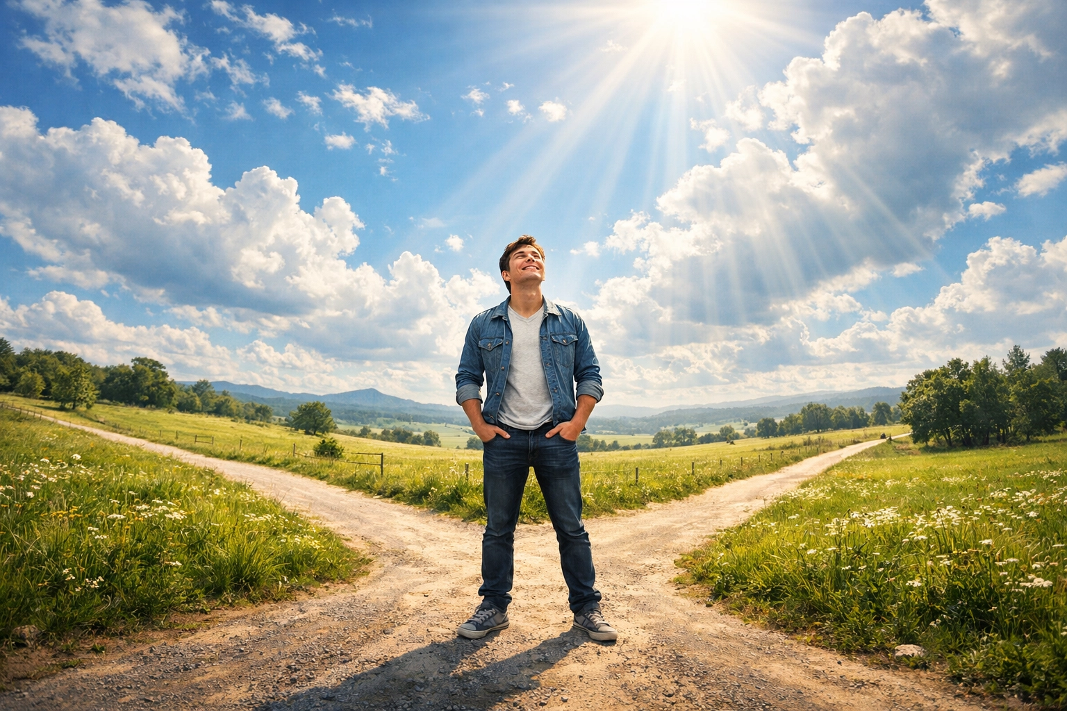 A person at a sunny crossroads looking up with confidence, representing a heart transformed by God.