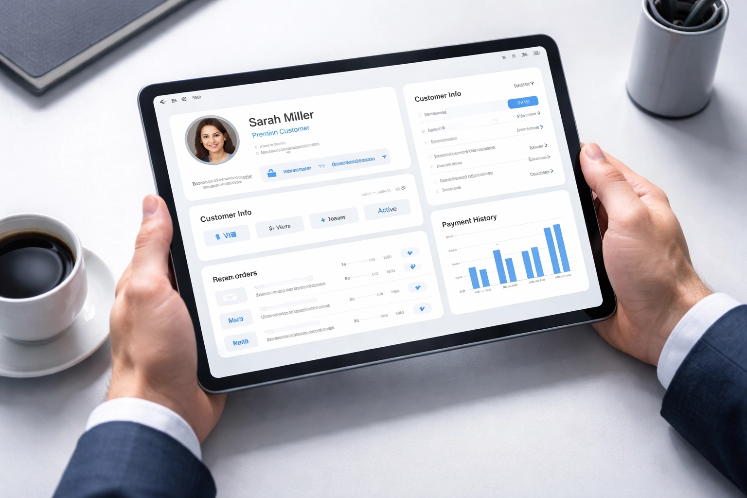 Business professional reviewing customer payment data on tablet for personalized debt recovery