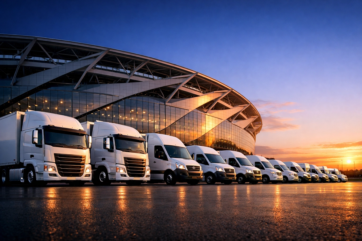 A fleet of white logistics trucks parked outside a modern stadium for Super Bowl event transportation management.