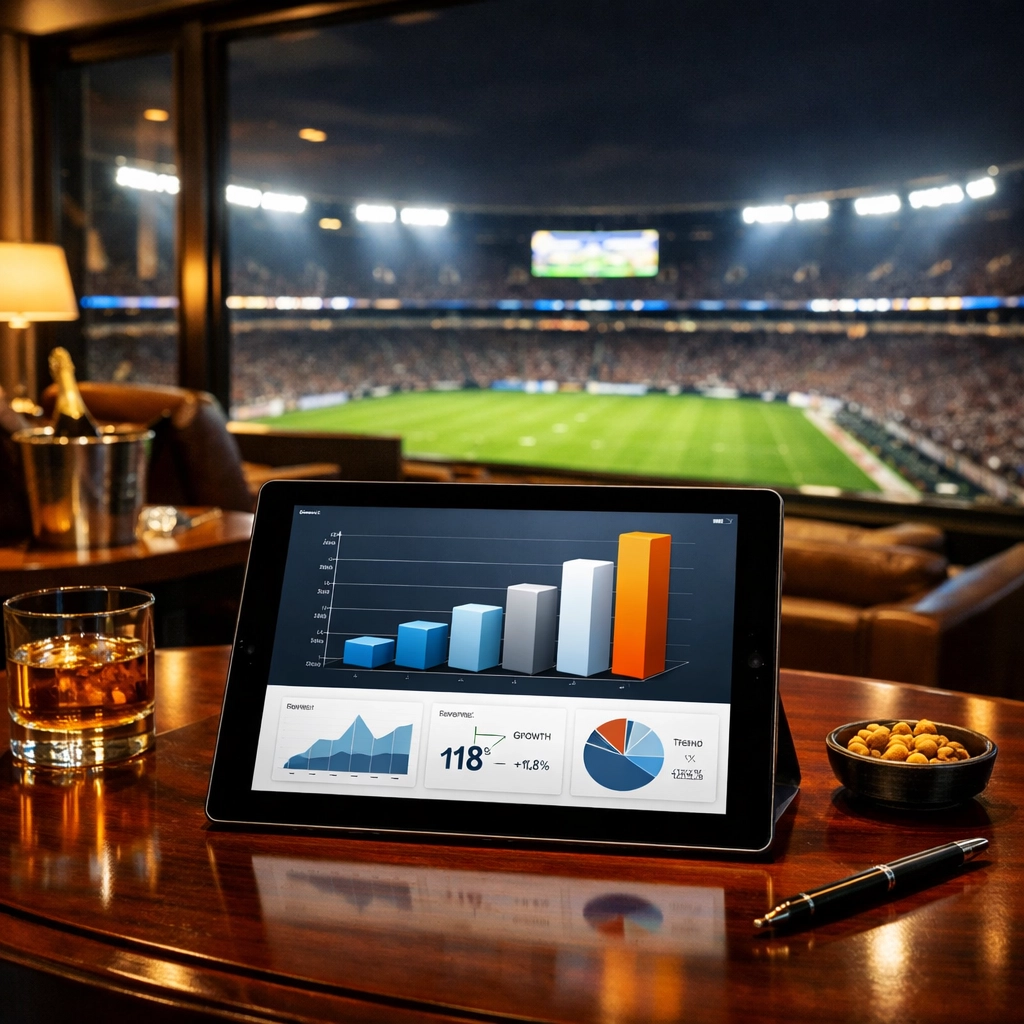 Digital dashboard on a tablet showing ROI and analytics for stadium-based sports marketing campaigns.