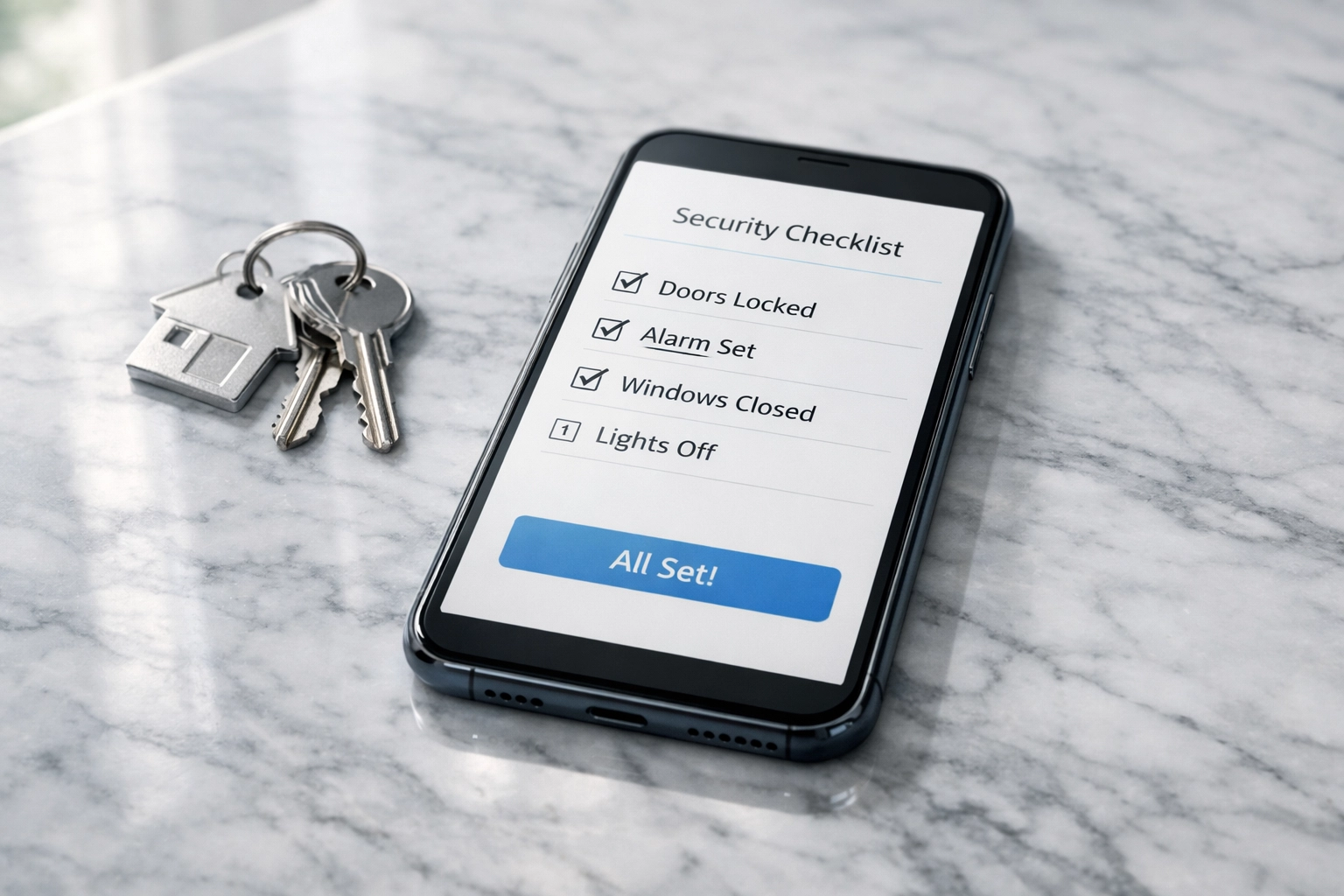 Smartphone displaying FSBO security checklist app next to house keys for buyer screening preparation