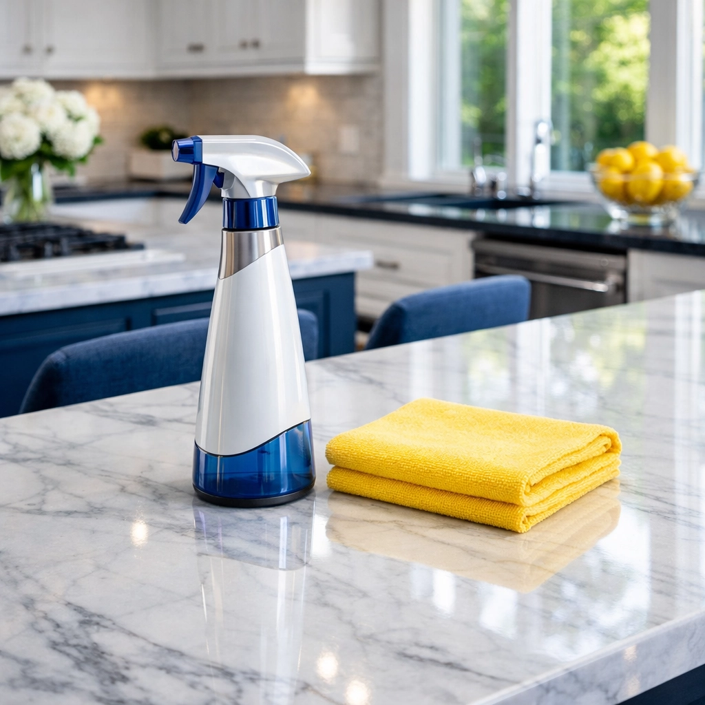 Professionally cleaned white marble kitchen island in a Longmeadow home with eco-friendly supplies.