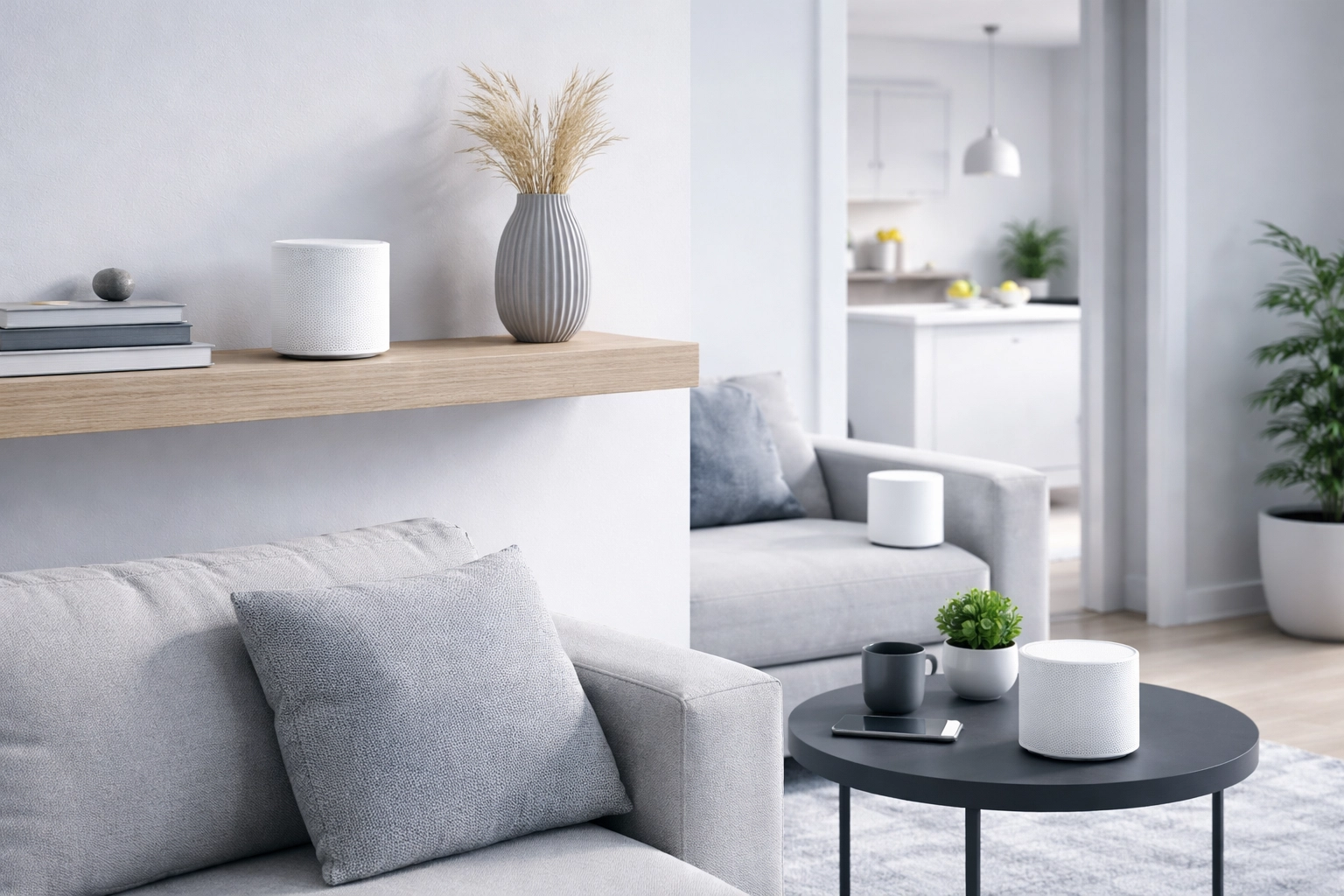 Mesh WiFi system with three nodes distributed around a modern London living room, showing seamless home connectivity for multiple floors.