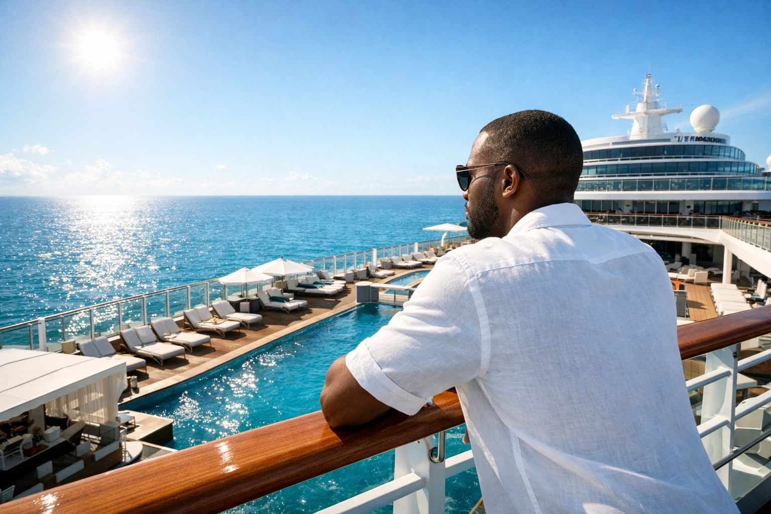 Adults-only cruise passenger enjoying the ocean view on the deck of a modern cruise ship.