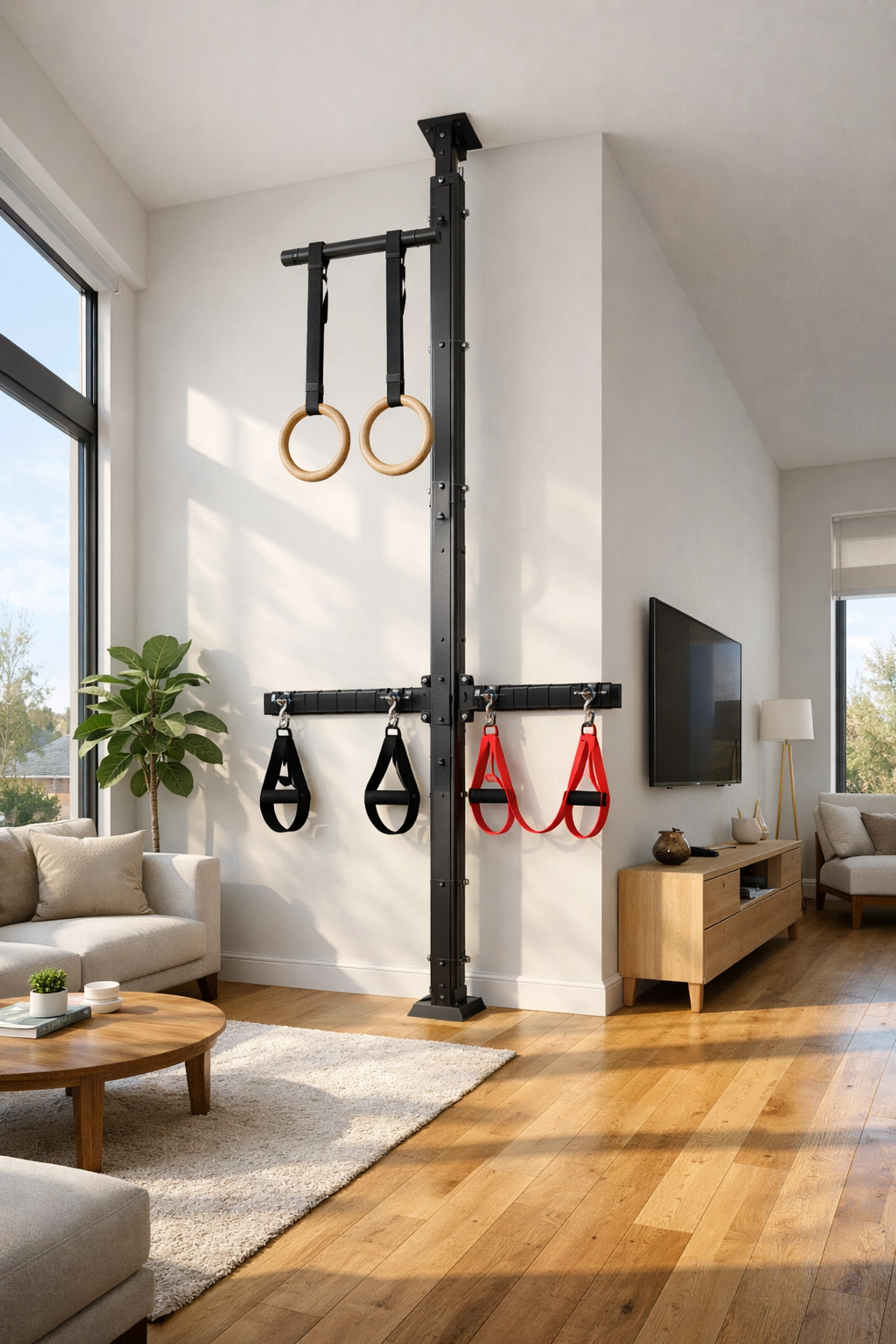 Versatile floor to ceiling gym setup featuring the Resistance Rail in a modern home.