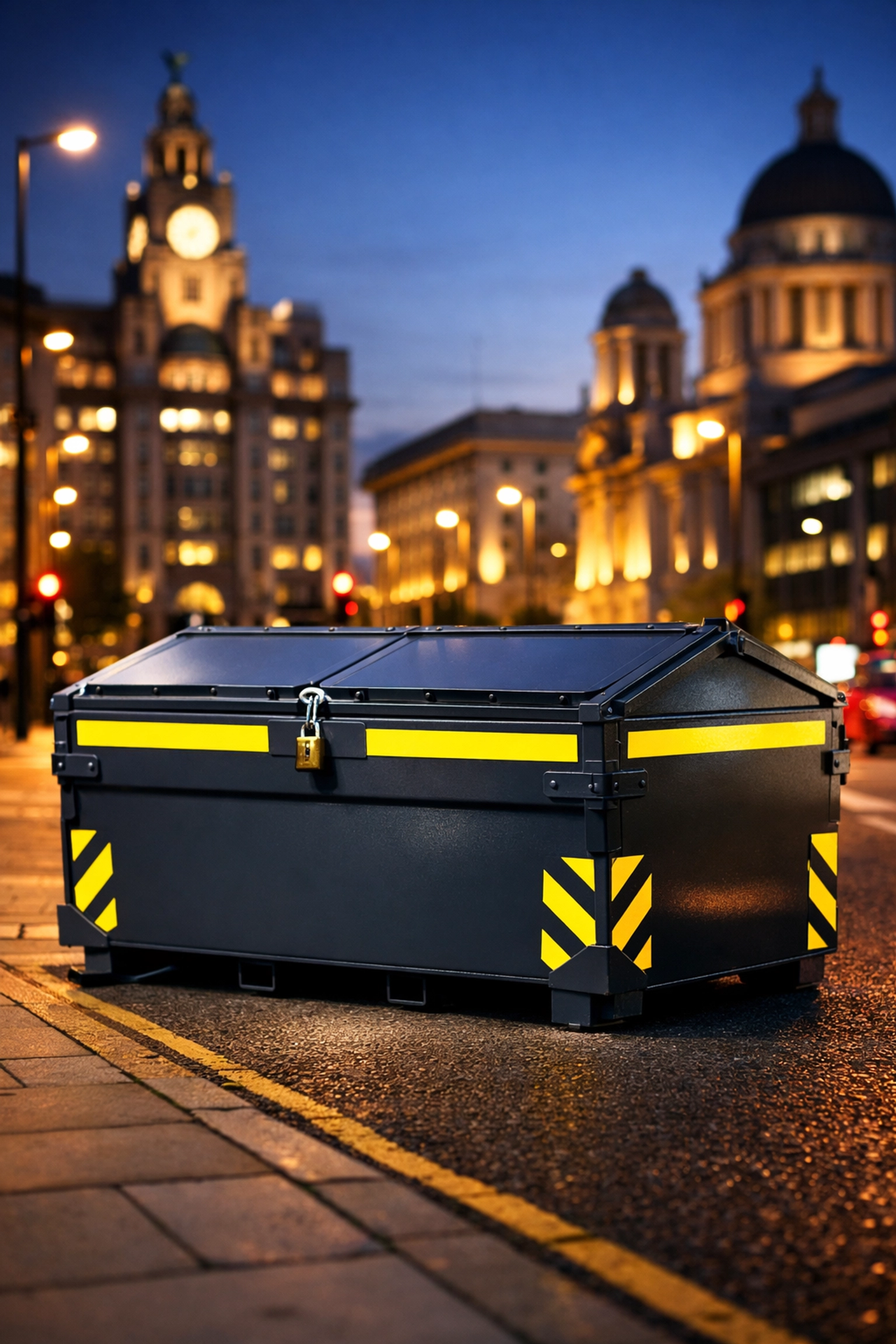 Enclosed lockable skip with safety markings in Liverpool city centre at night