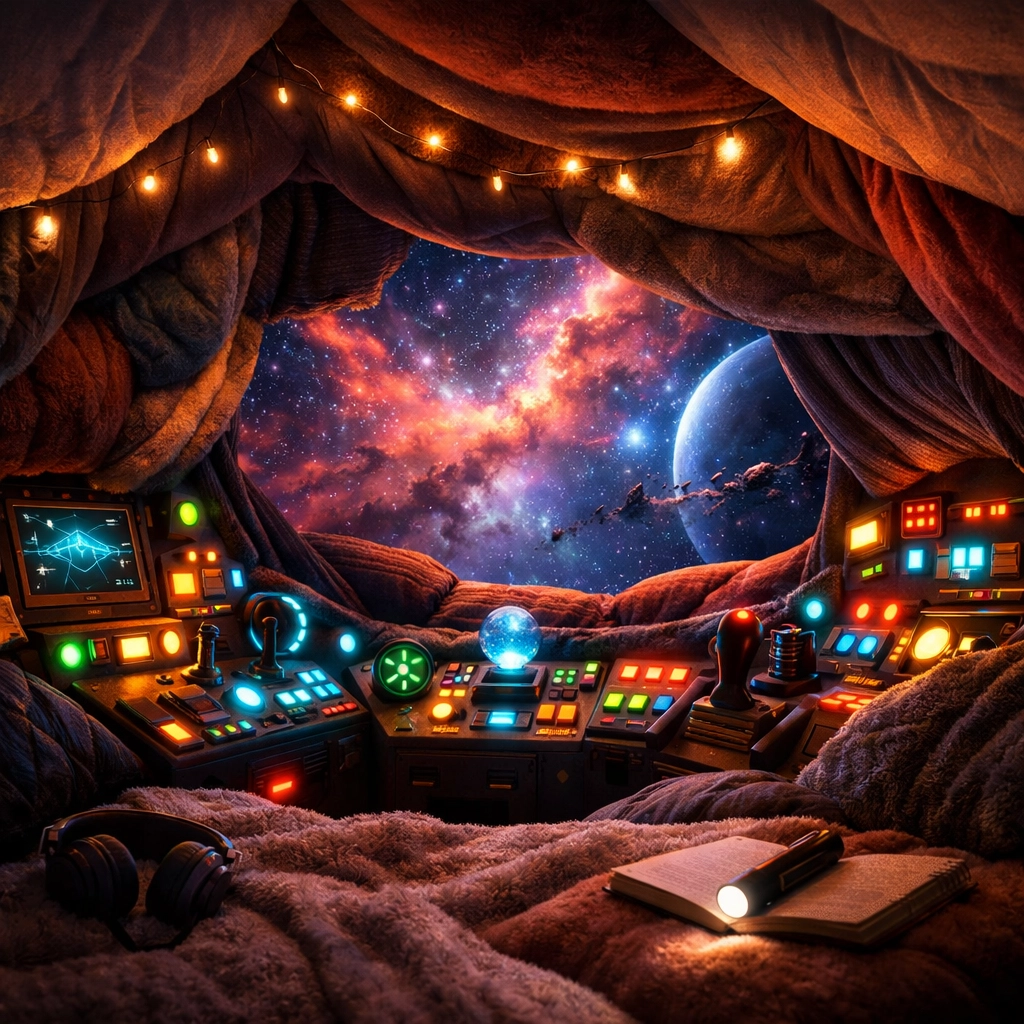 A cozy sofa fort transformed into a spaceship cockpit exploring a nebula through magical imagination.