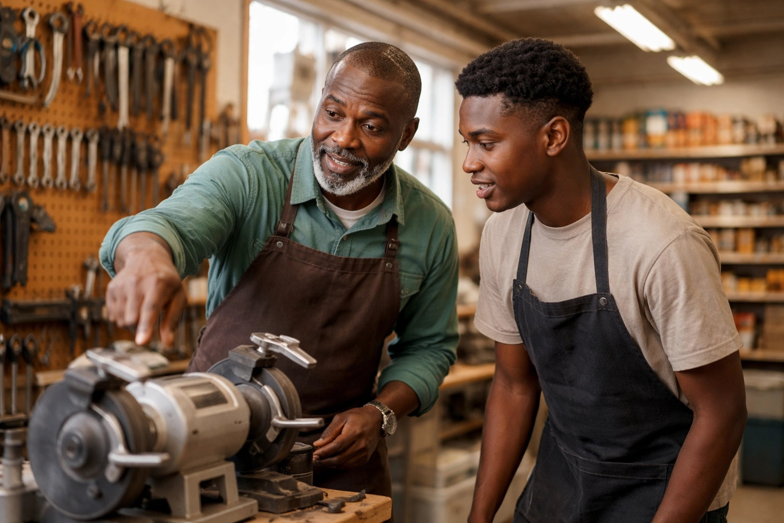 Black business owner mentoring a young employee in a hardware shop, supporting local job growth.