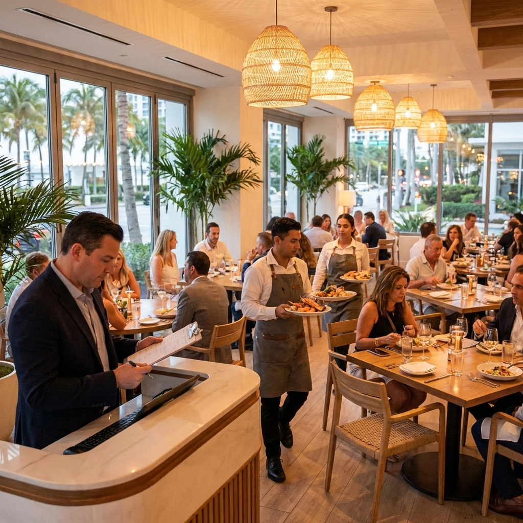Upscale South Florida restaurant bustling with staff, illustrating FICA tip credit opportunities for hospitality businesses