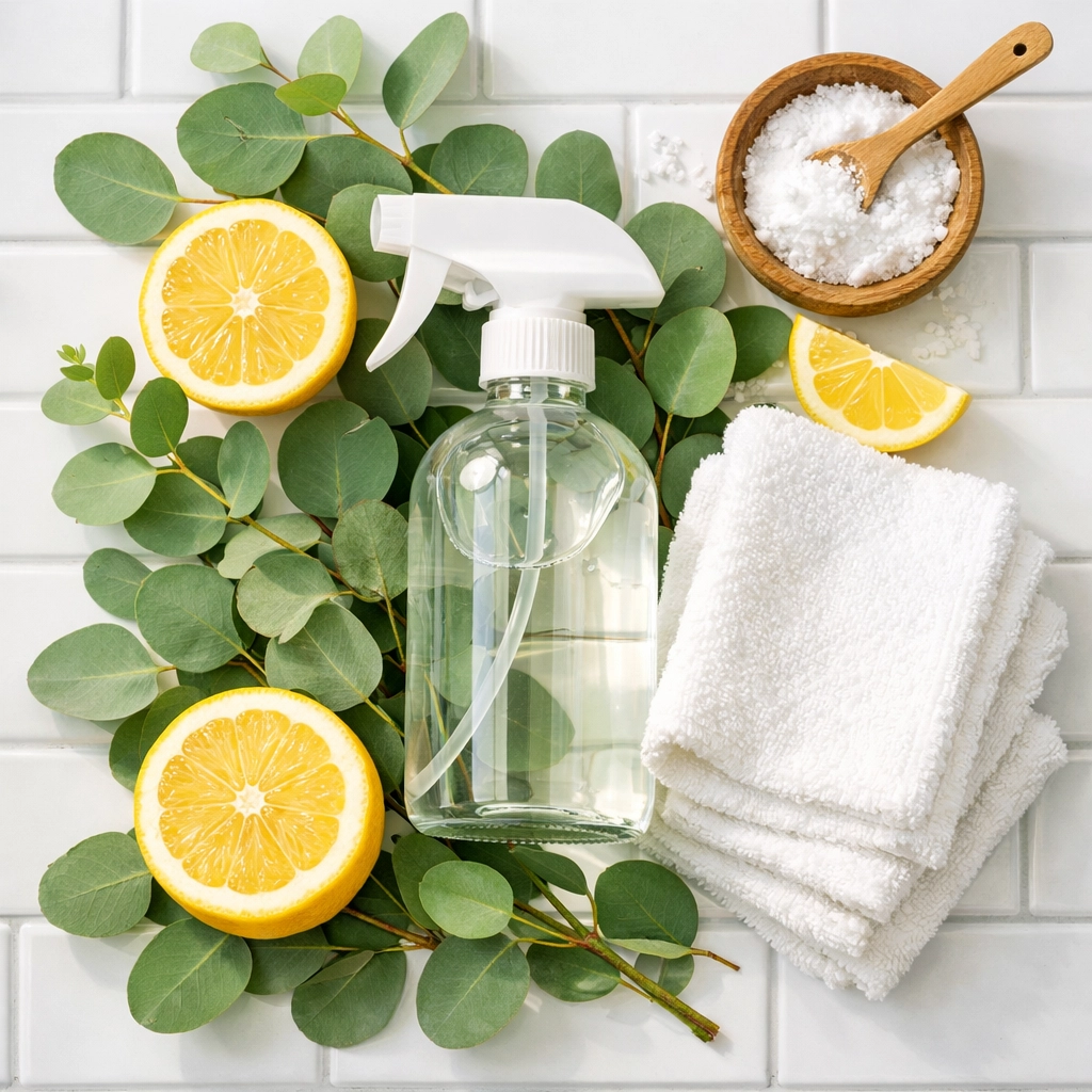 Eco-friendly cleaning supplies and fresh ingredients for a green home cleaning routine.