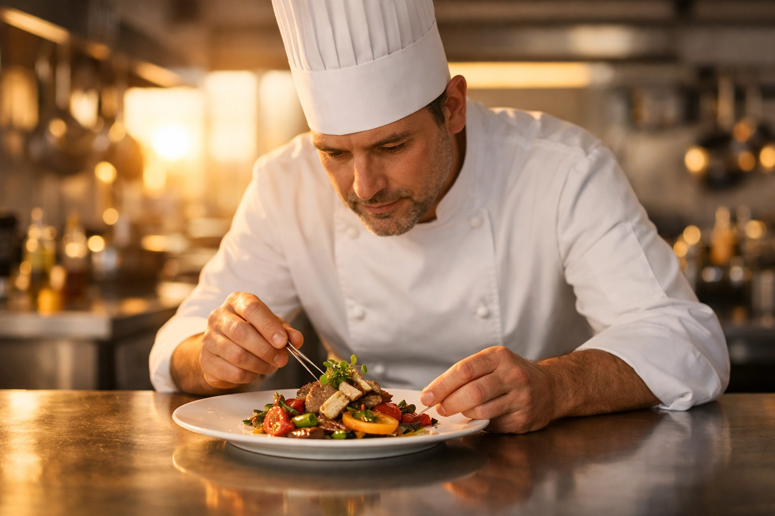 Professional chef garnishing a dish in a modern kitchen using working capital for restaurants.