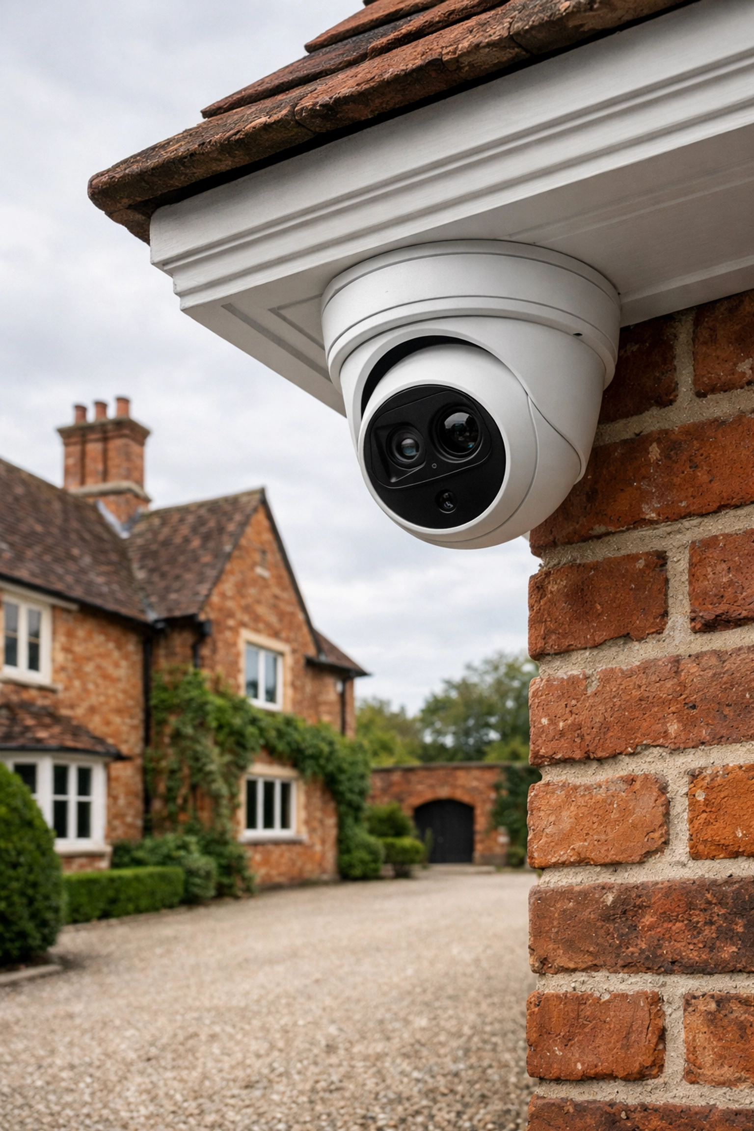 Discreet white security camera installed on a red-brick home in Abingdon for robust residential protection.