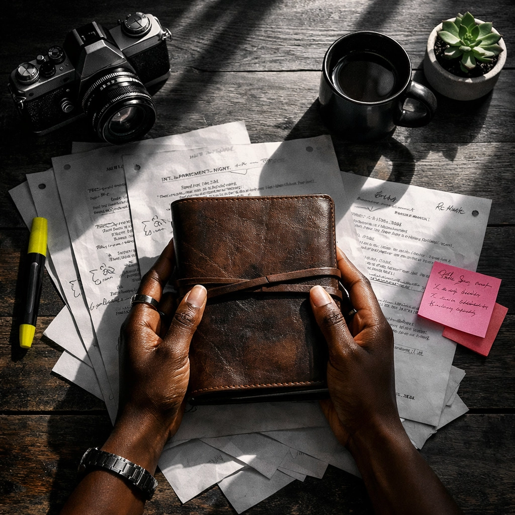 Creative workspace with journal, screenplay pages, and camera showing IP ownership for artist entrepreneurs