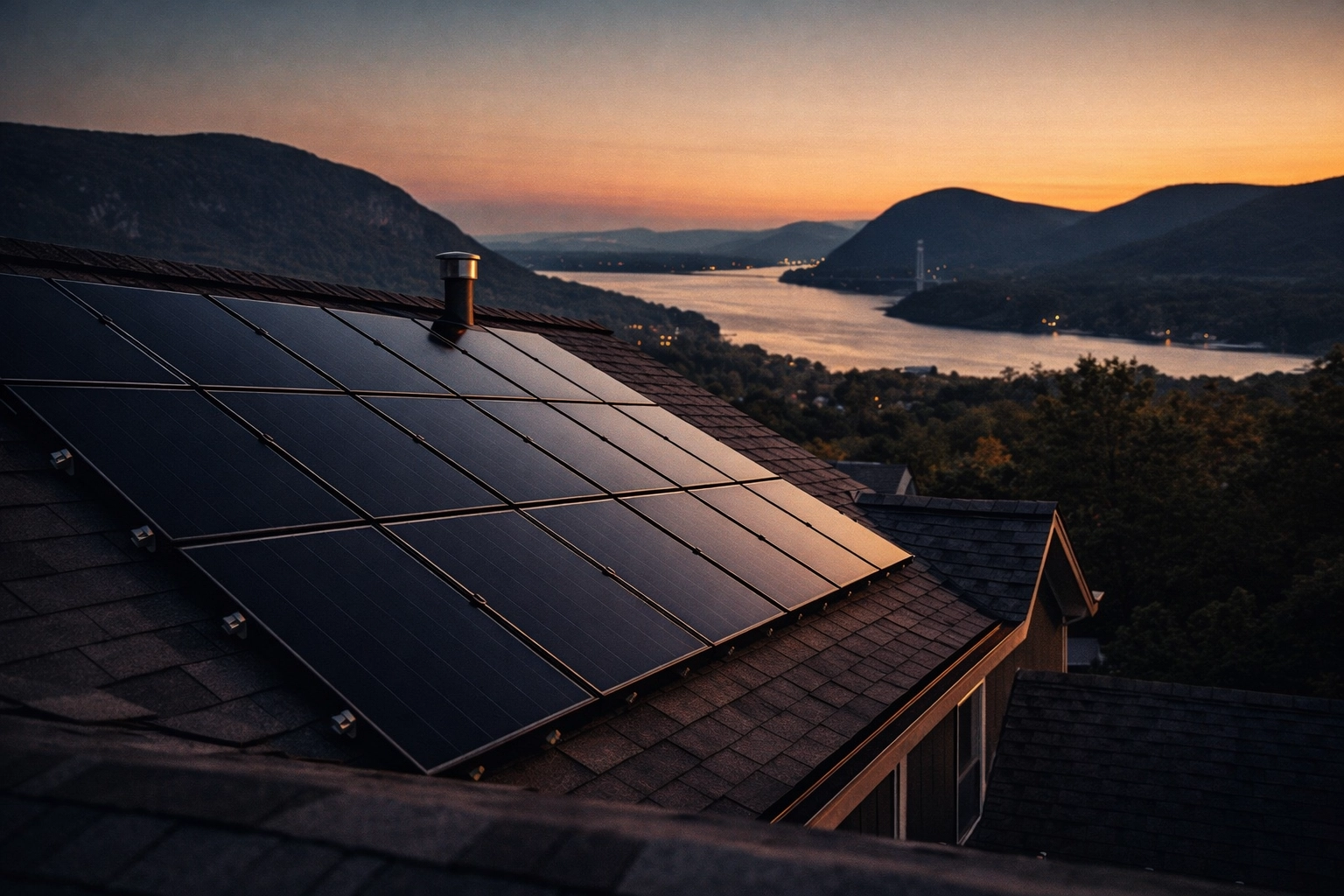 Solar panels NY installed on suburban home rooftop with Hudson Valley mountains in background