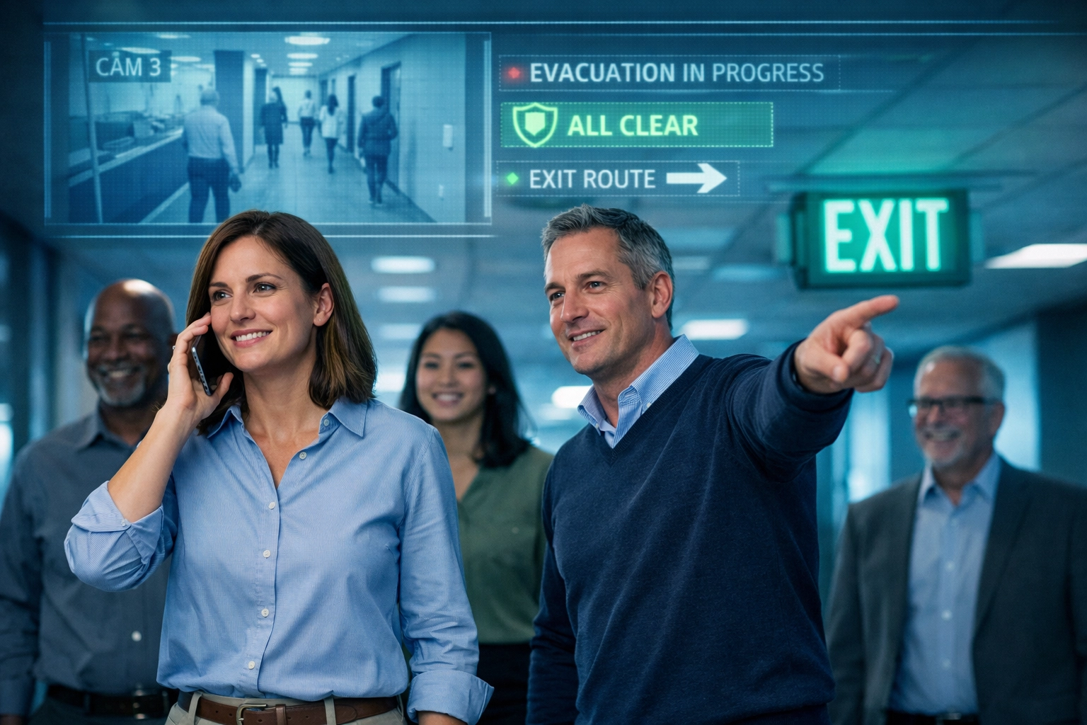 Michigan business employees practicing emergency safety procedures with integrated security monitoring