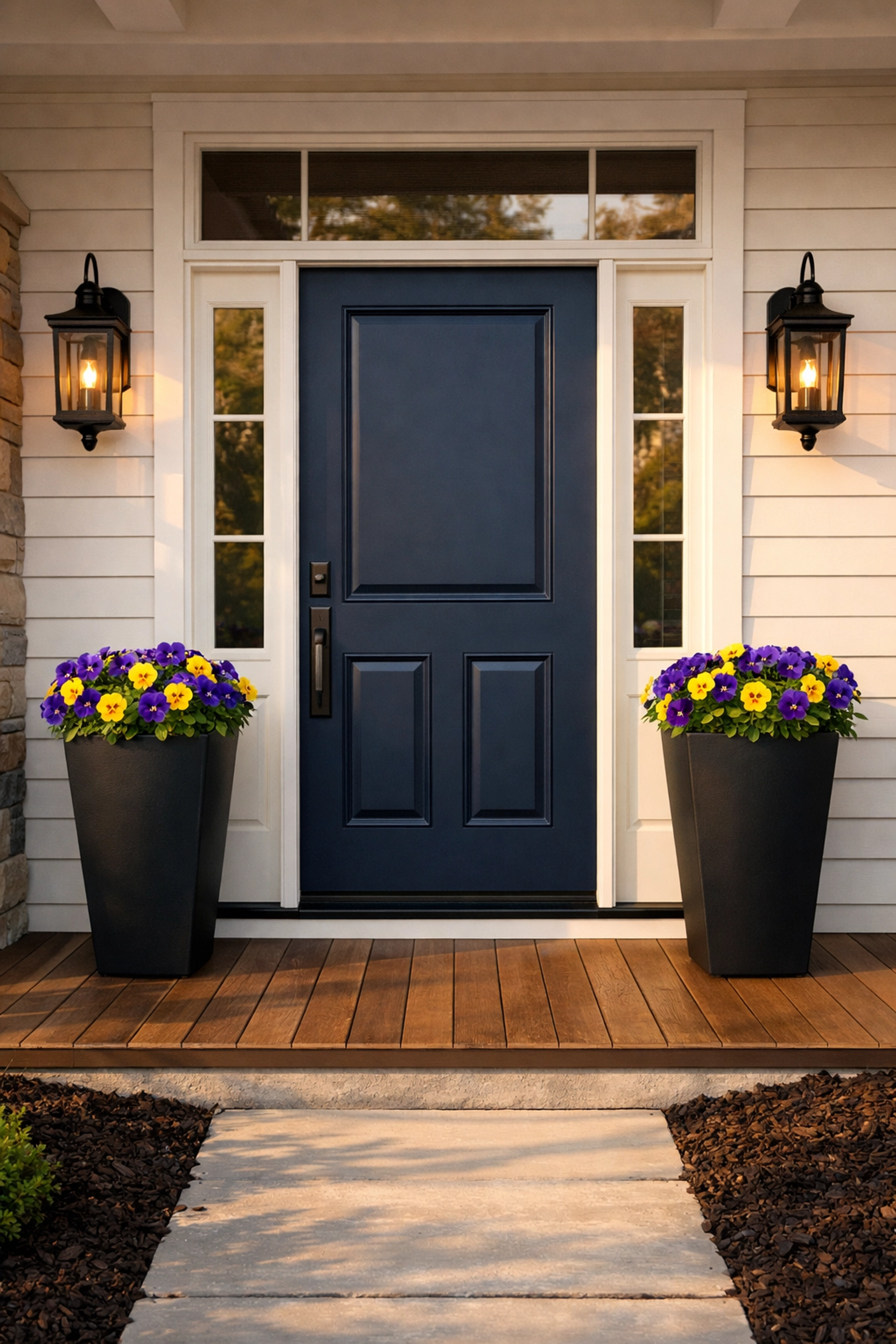 Cincinnati home entrance with a navy blue door and spring planters to boost curb appeal.