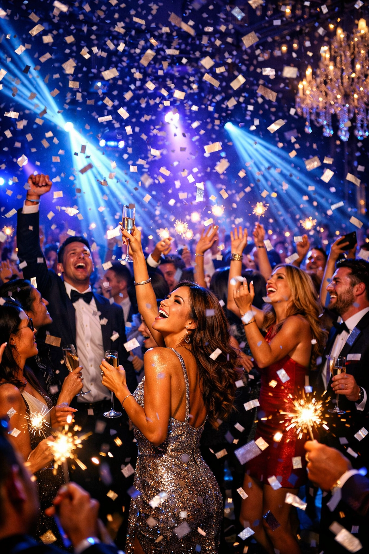 High-energy Miami gala celebration with confetti and cinematic lighting captured by an event photographer.