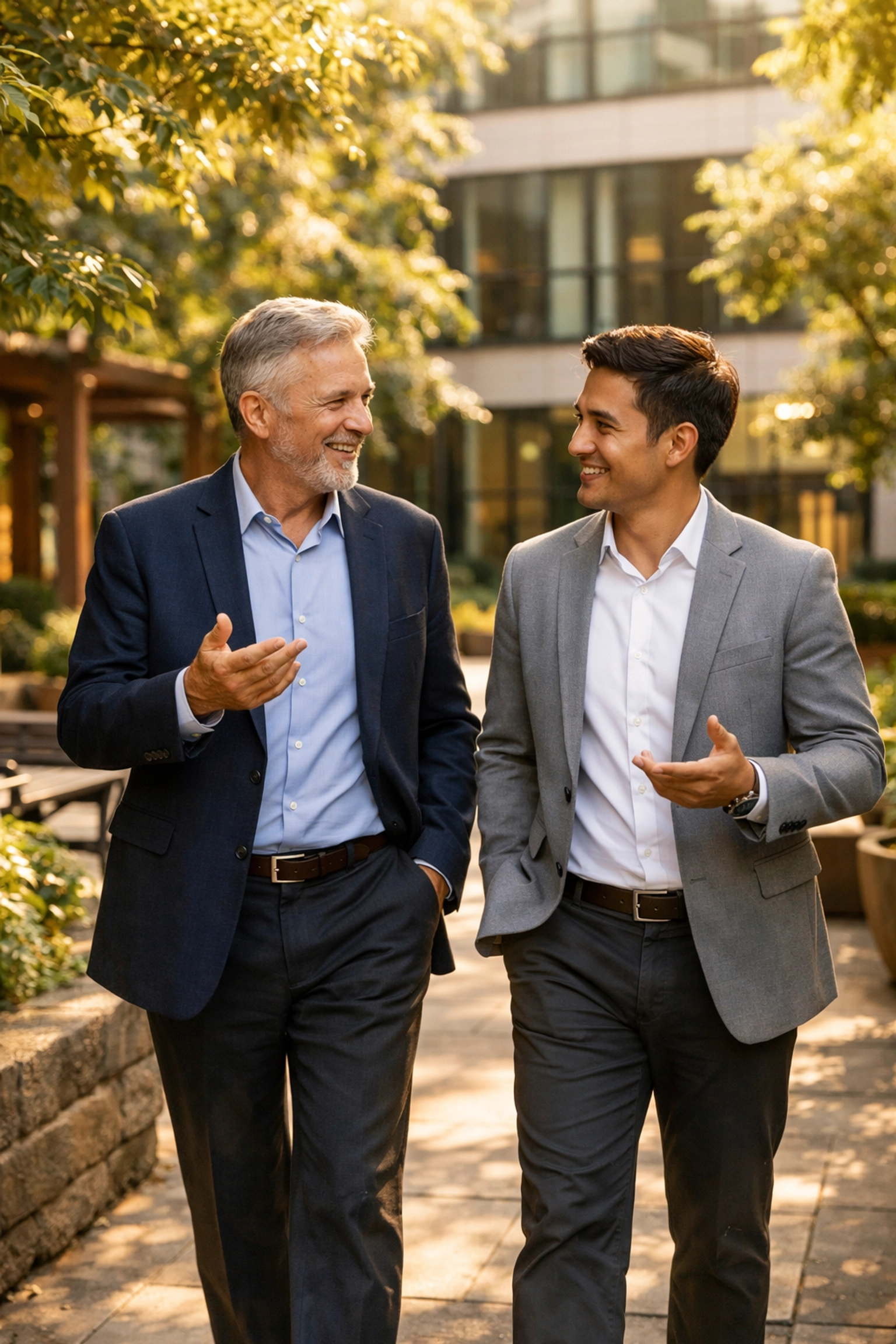 Business mentor and junior professional sharing leadership insights during a conversation in a corporate courtyard.