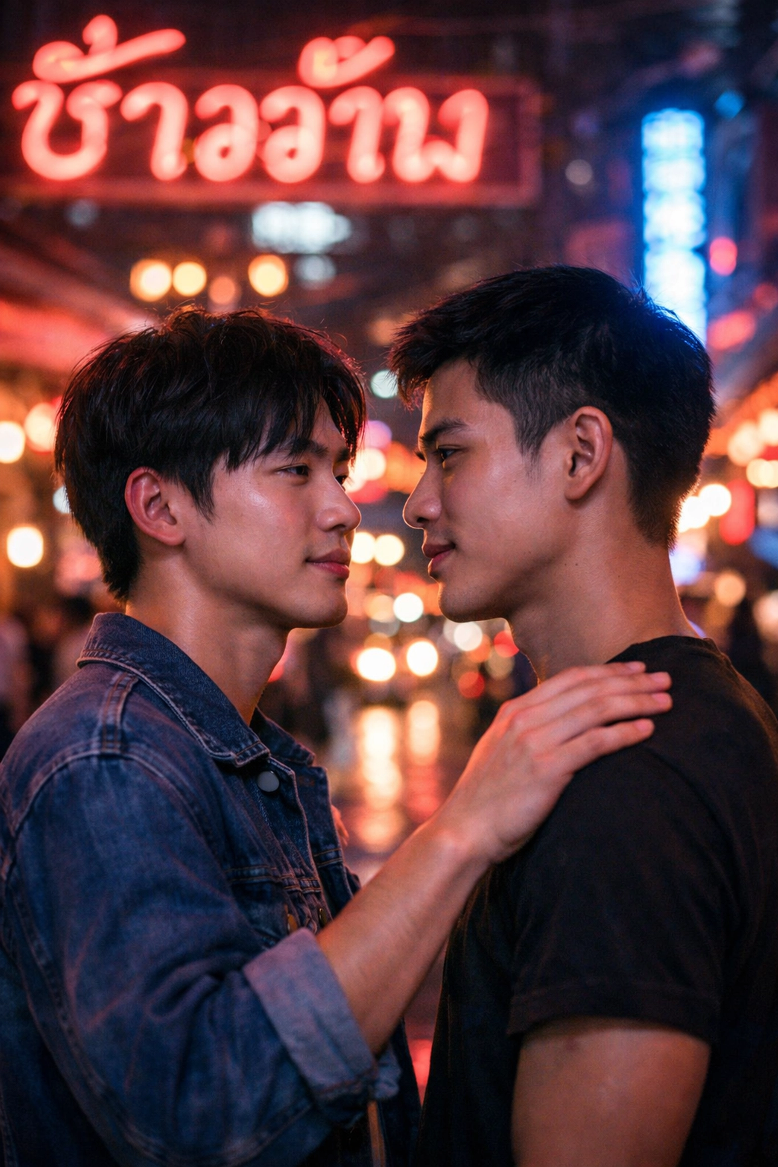 Gay couple under neon lights in Bangkok's Silom district LGBTQ+ sanctuary
