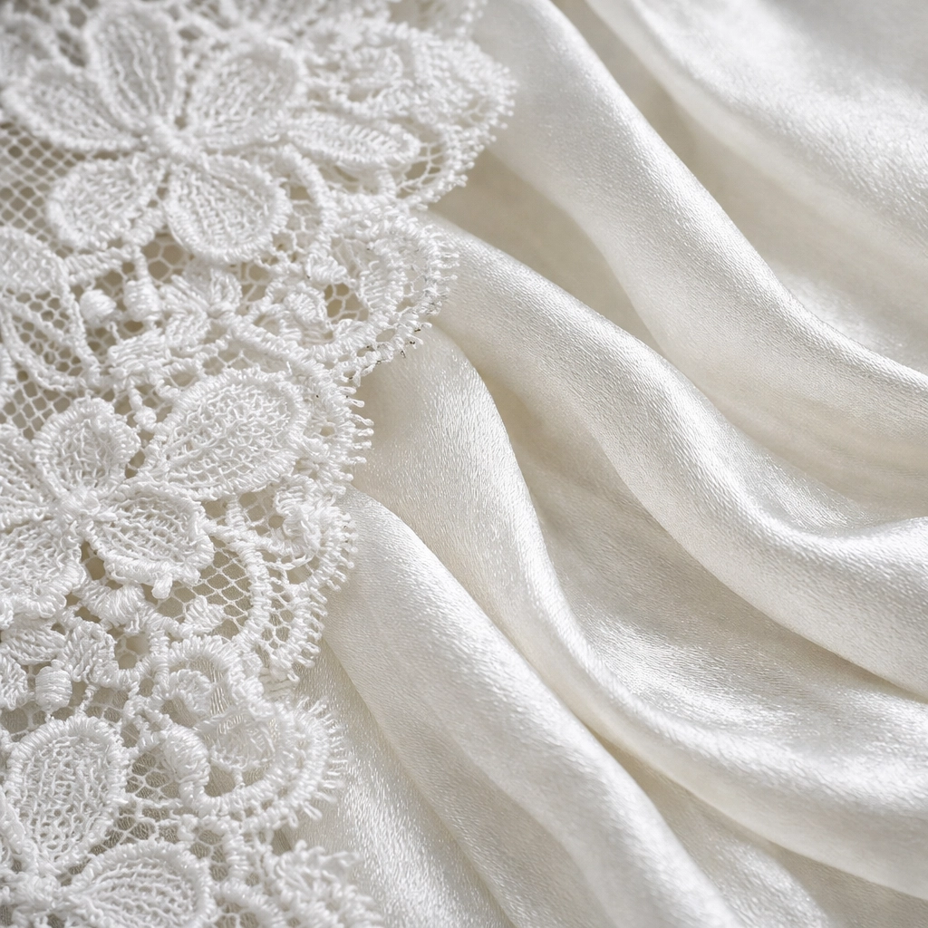 High-detail macro photo of wedding dress lace demonstrating image quality preservation after compression.