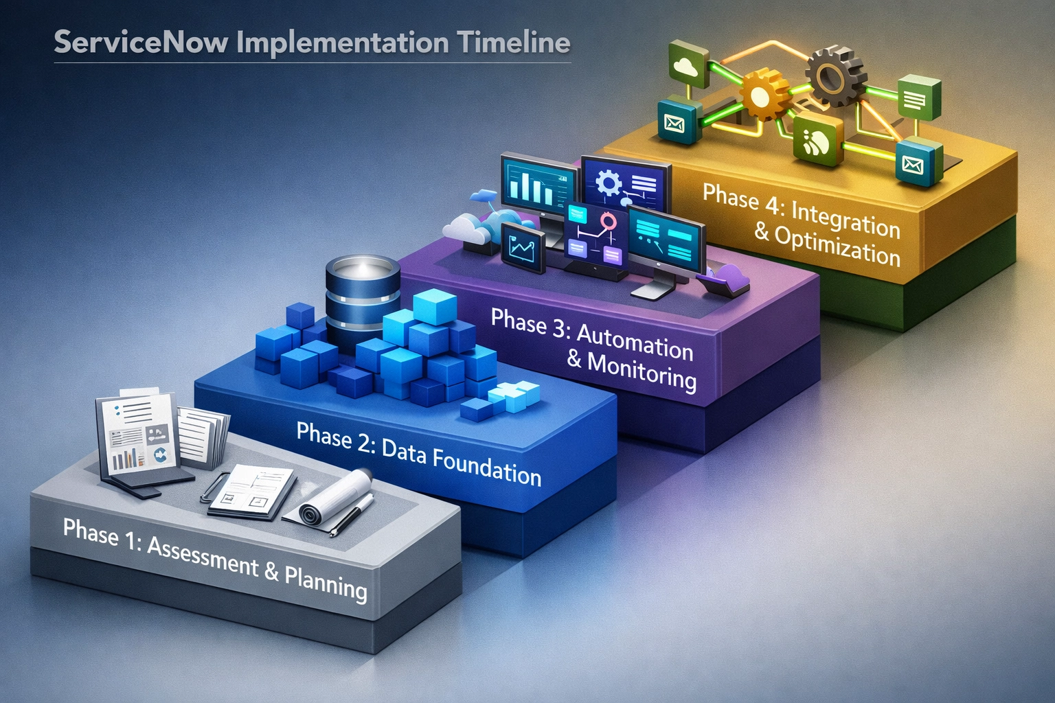 ServiceNow implementation partner four-phase deployment timeline for ITOM and ITAM