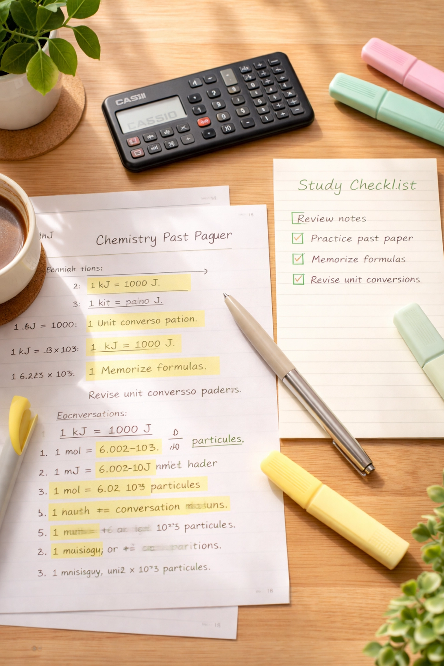 Overhead view of a chemistry past paper with highlighted units, checklist, and calculator for A Level calculation tips