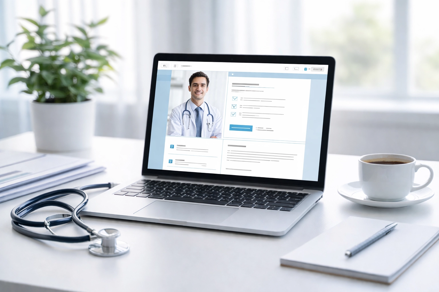 Bureau médical moderne avec ordinateur affichant un profil professionnel, stéthoscope et café pour illustrer la Fiche Praticien CPDM.
