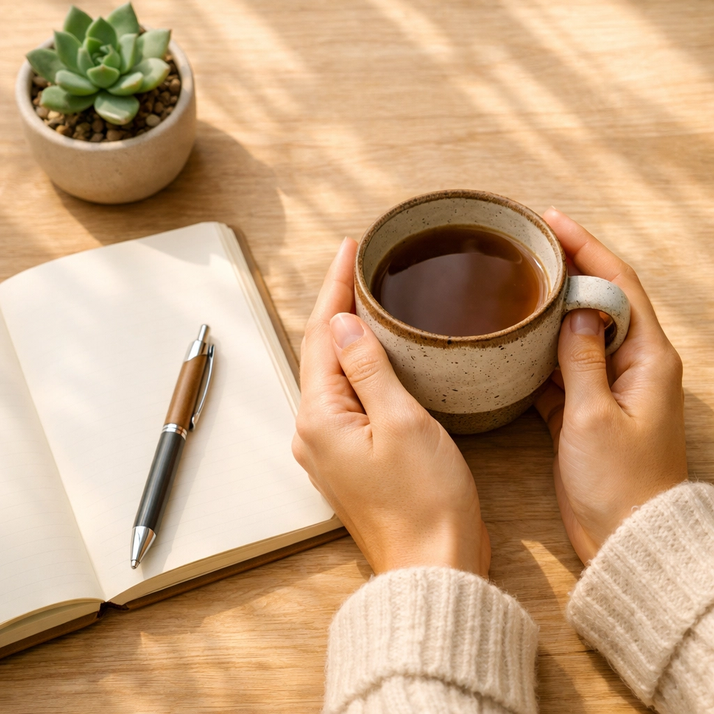 Woman's hands holding coffee mug next to open journal and pen during faith-centered quiet time