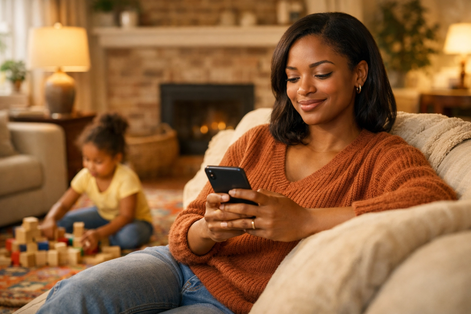 A Black woman in Burlington County feels secure in her home, reflecting financial peace of mind.