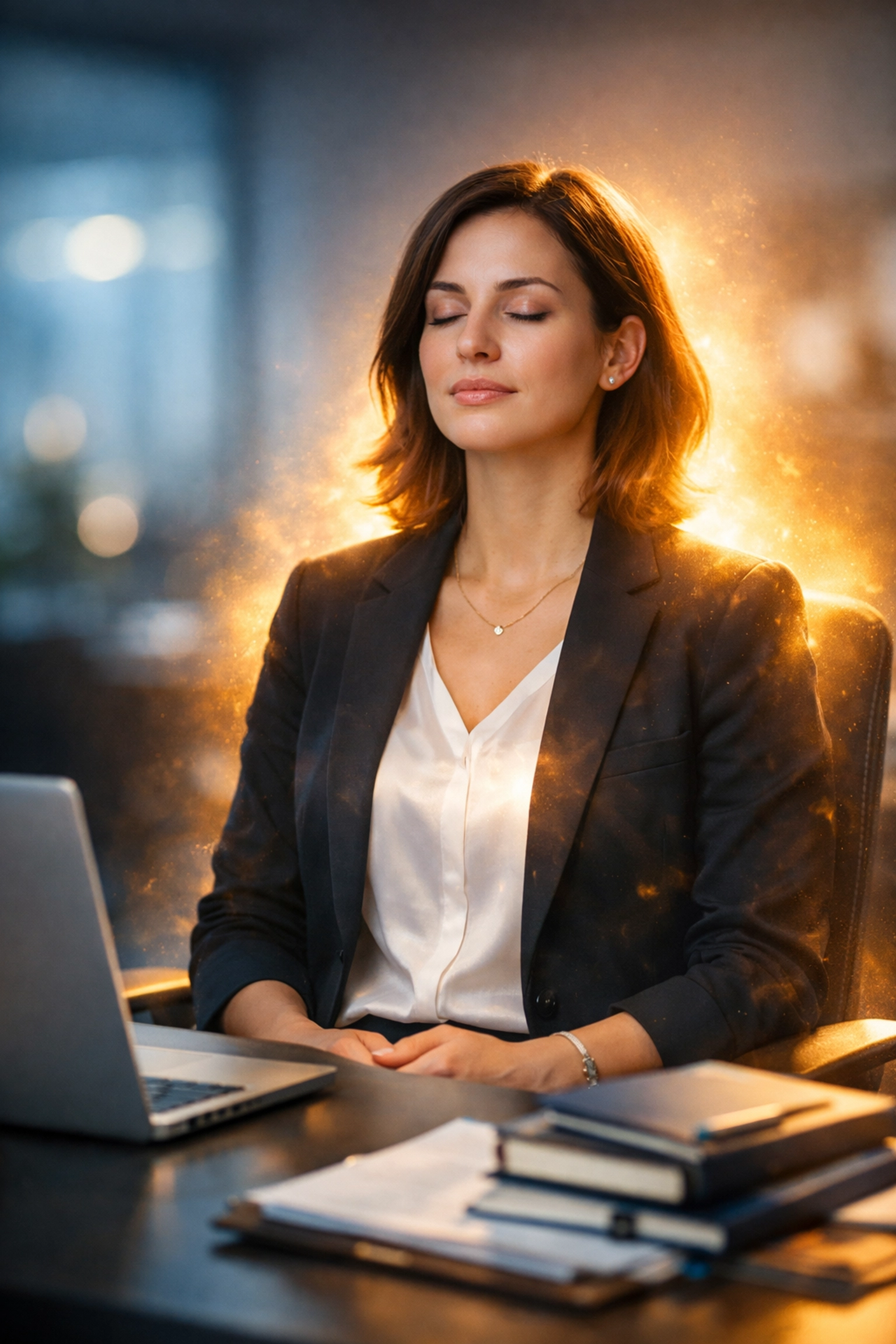 Woman at a desk practicing mindful breathing to shift from work stress to physical presence.
