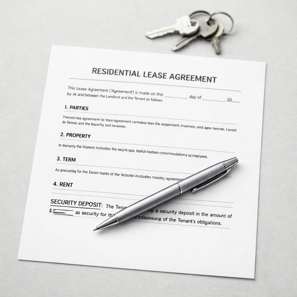 Delaware residential lease agreement with pen and keys on desk