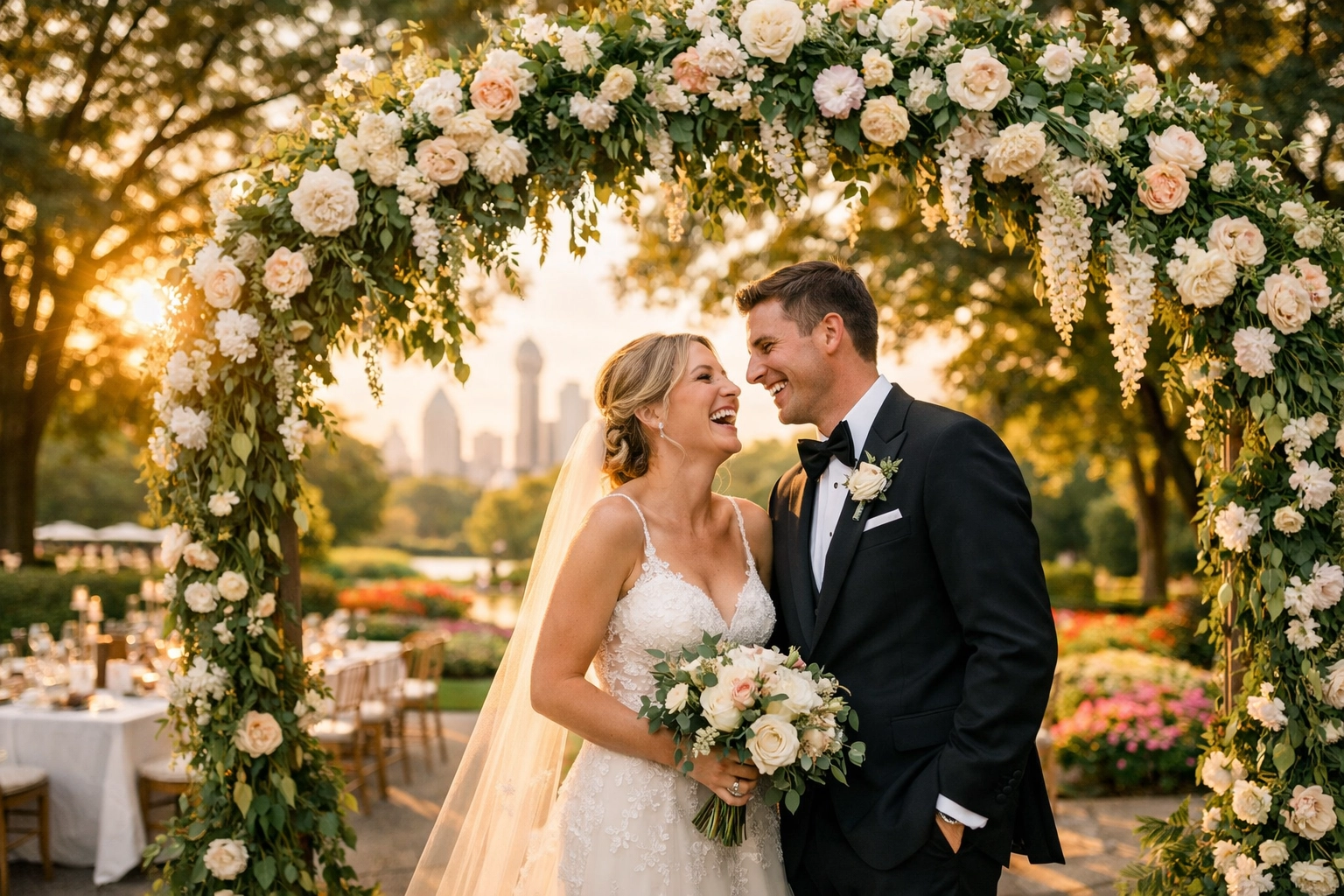Candid wedding photography at the Dallas Arboretum featuring a happy couple and the city skyline.