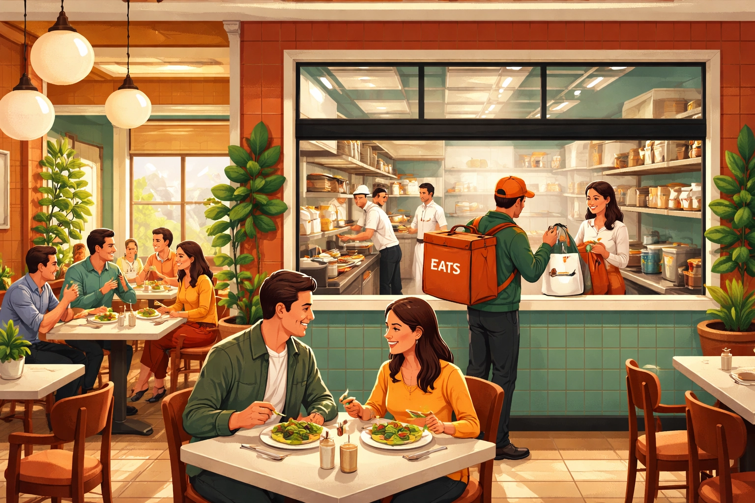 A restaurant scene integrating dine-in guests and a ghost kitchen station, showing a successful hybrid ghost kitchen model.